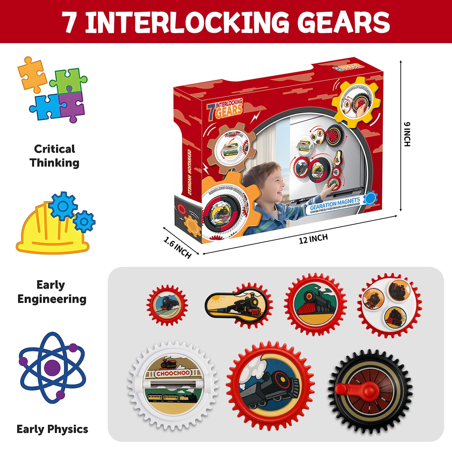 ROHSCE 7PCS Magnetic Gear Toy Set, Train-Themed Gear Toys for Toddlers 1-3, Educational STEM Gears Toys for Kids, Cute Fridge Magnets for Toddlers, Montessori Learning Toy Gift for Boys Girls
