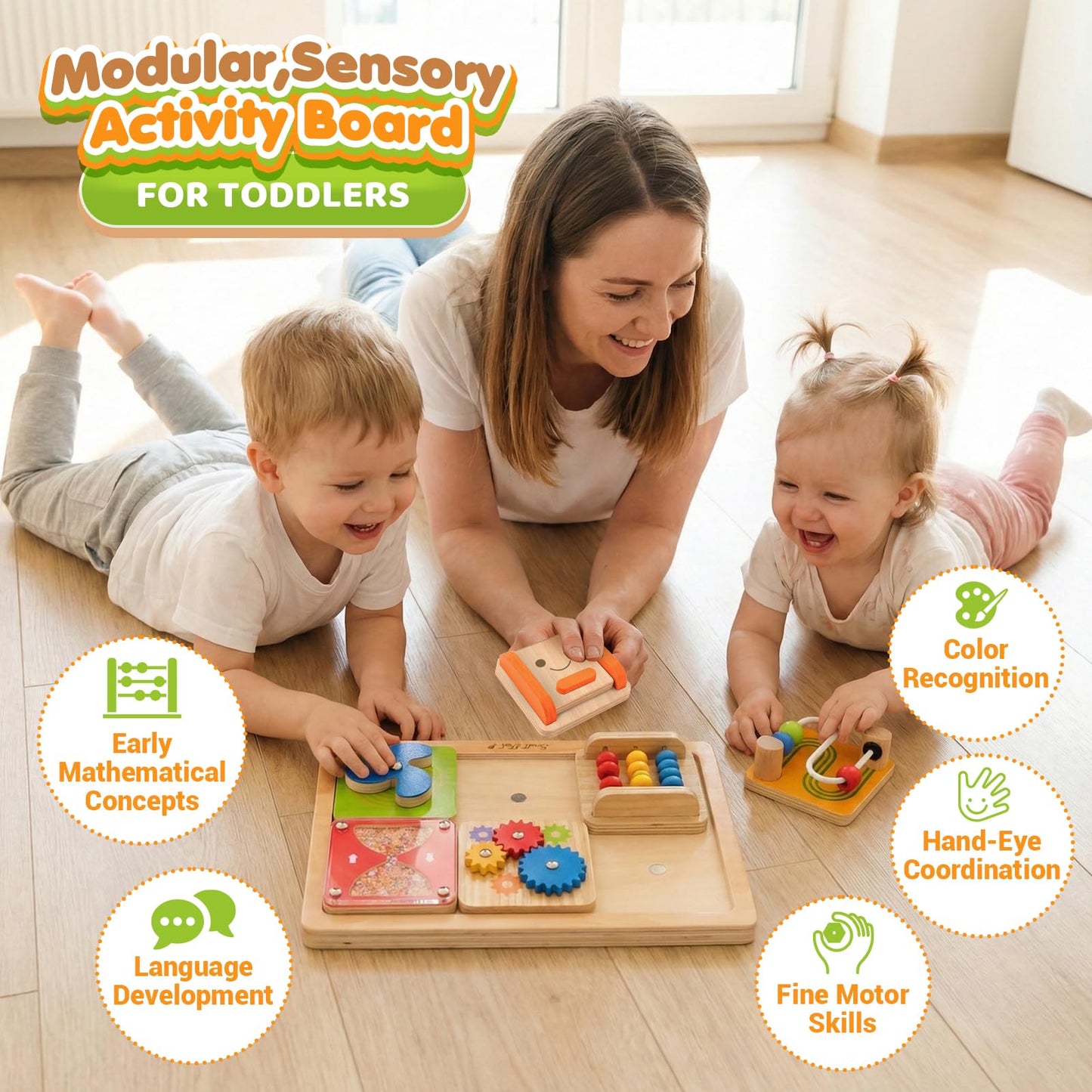 Montessori Busy Board for 1 Year Old: Modular Sensory Activity Board for Babies, Sorting & Stacking Toys for Toddlers 1-3, Learning Fine Motor Wooden Toys, Toddler Plane Activities Gifts Girls Boys
