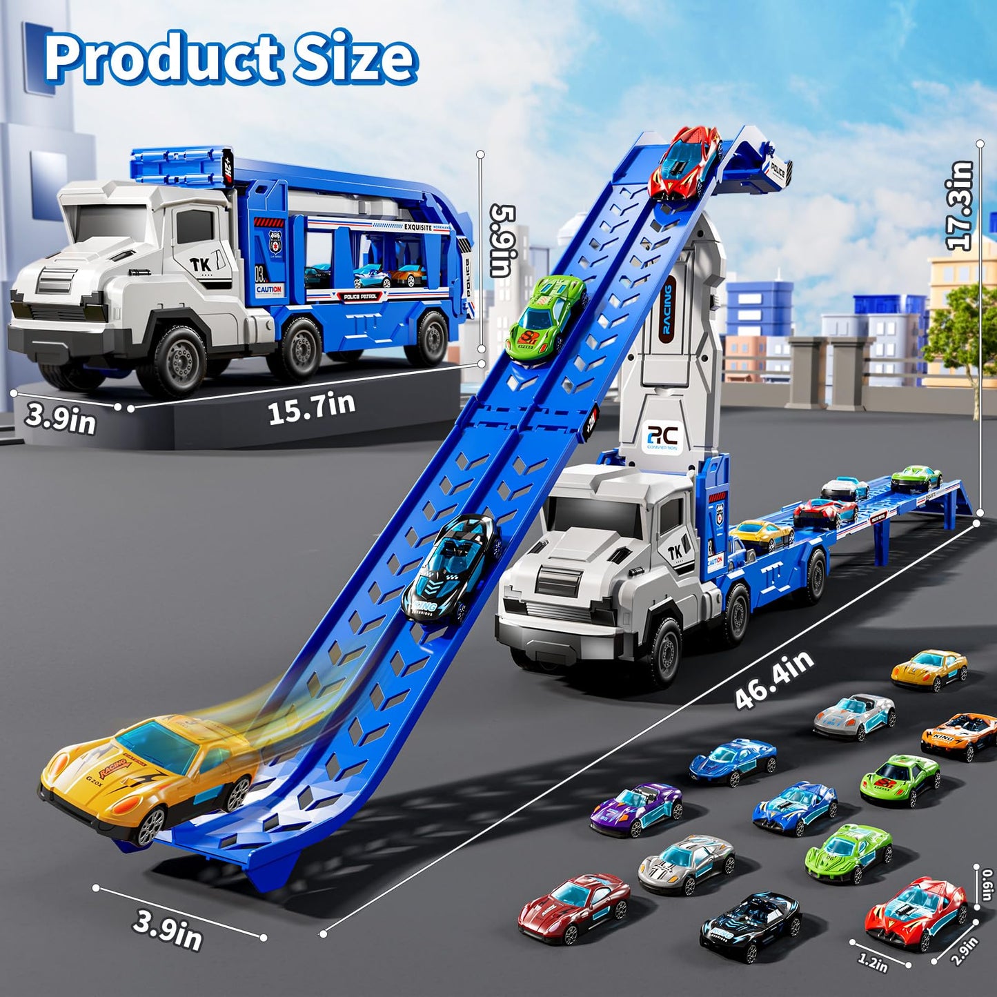 GOGIHCCH 3-in-1 Kids Carrier Truck Toy Car Tracks for Toddlers 2-4 Years Old with 12 Racing Cars Toys, Foldable Chasing Race Track and Car Garage, Car Ramps Birthday Gift for Boys Girls 3-5 4-8(Blue)