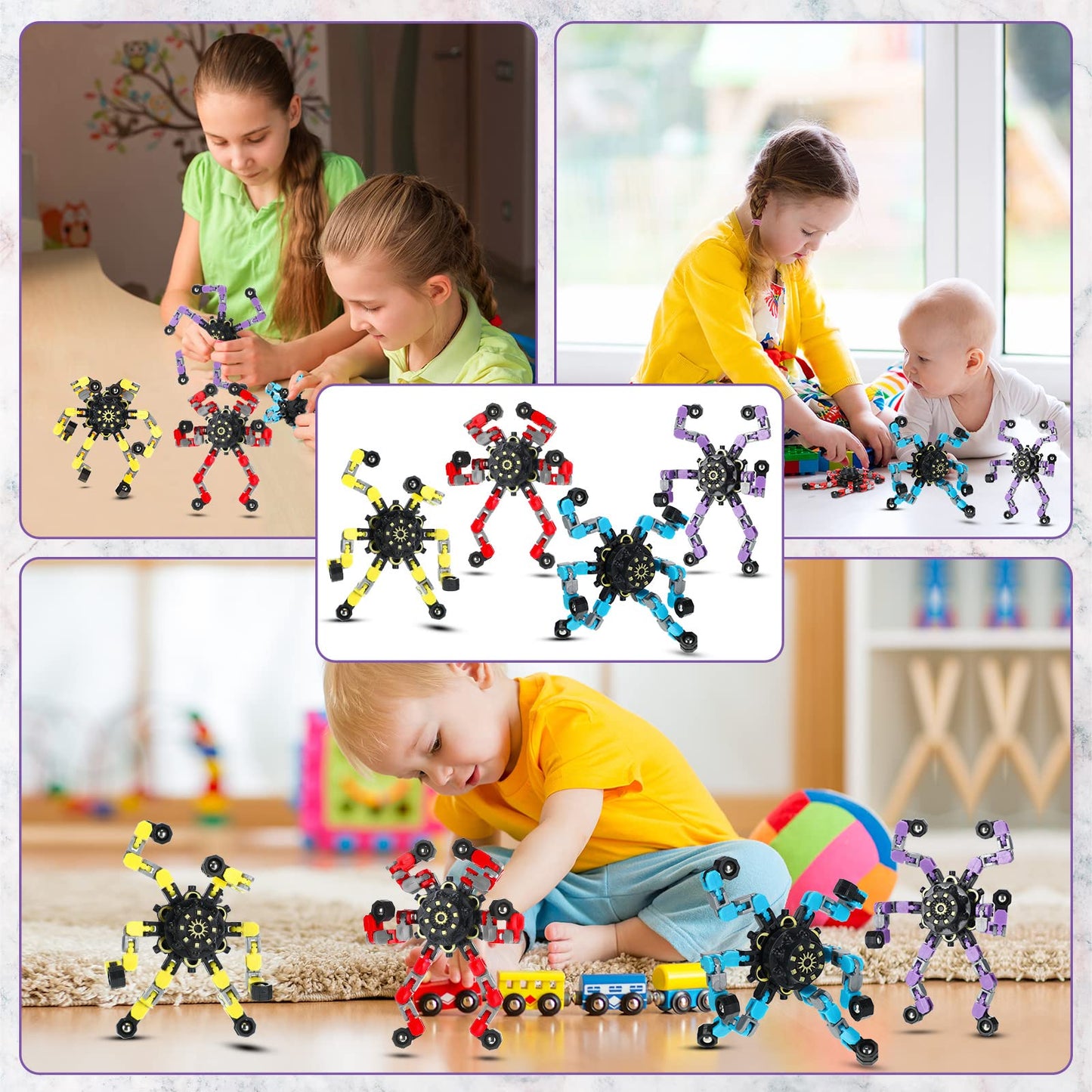 Junkin 100 Pcs Funny Sensory Fidget Toys Bulk, Transformable Fidget Spinner Chain Robot Finger Toy, Stress Relief Spiral Gyro Spinner, Classroom Prizes, Party Favors Gifts for Adult Kids (Classic)