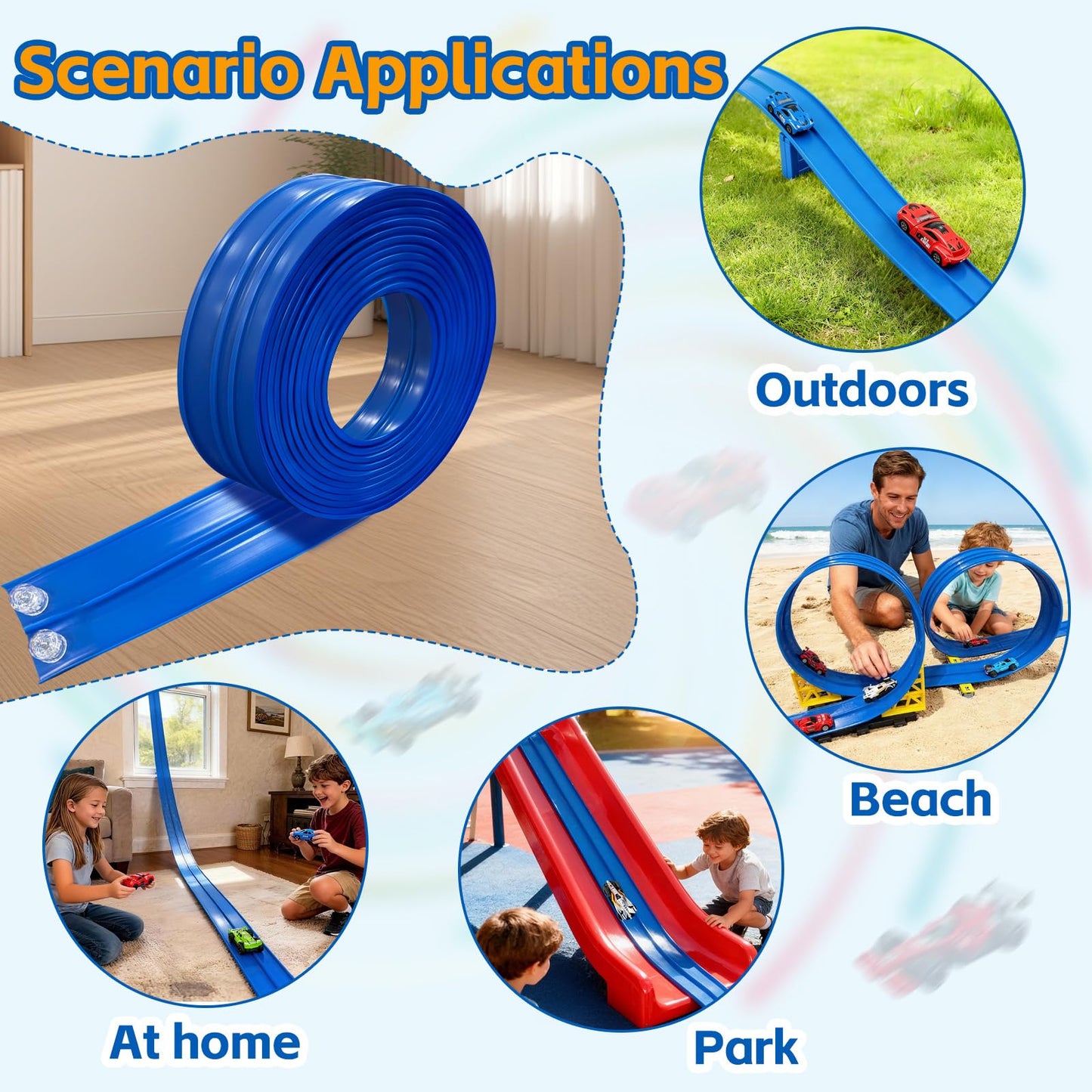16.5 Ft Flexible Race Track for Kids, Portable DIY Roll-Up Racetrack Set Compatible with Diecast 1/64th Cars - Includes 8 Racing Cars & Super-Grip Gravity Ramp, Birthday Gift for Boys Girls 3-8, Blue