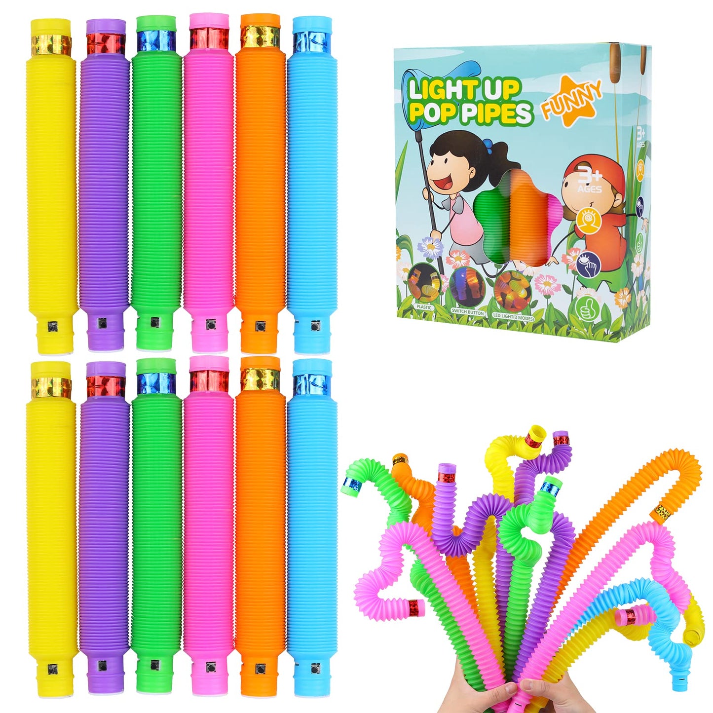 DJBoomy Light Up Pop Fidget Tubes: Glow Sensory Tube Stretch Toys for Kids Party Favors - Mini Plastic Pull Tubes Bulk with LED Lights Glowing Stick in the Dark (12 Pcs)
