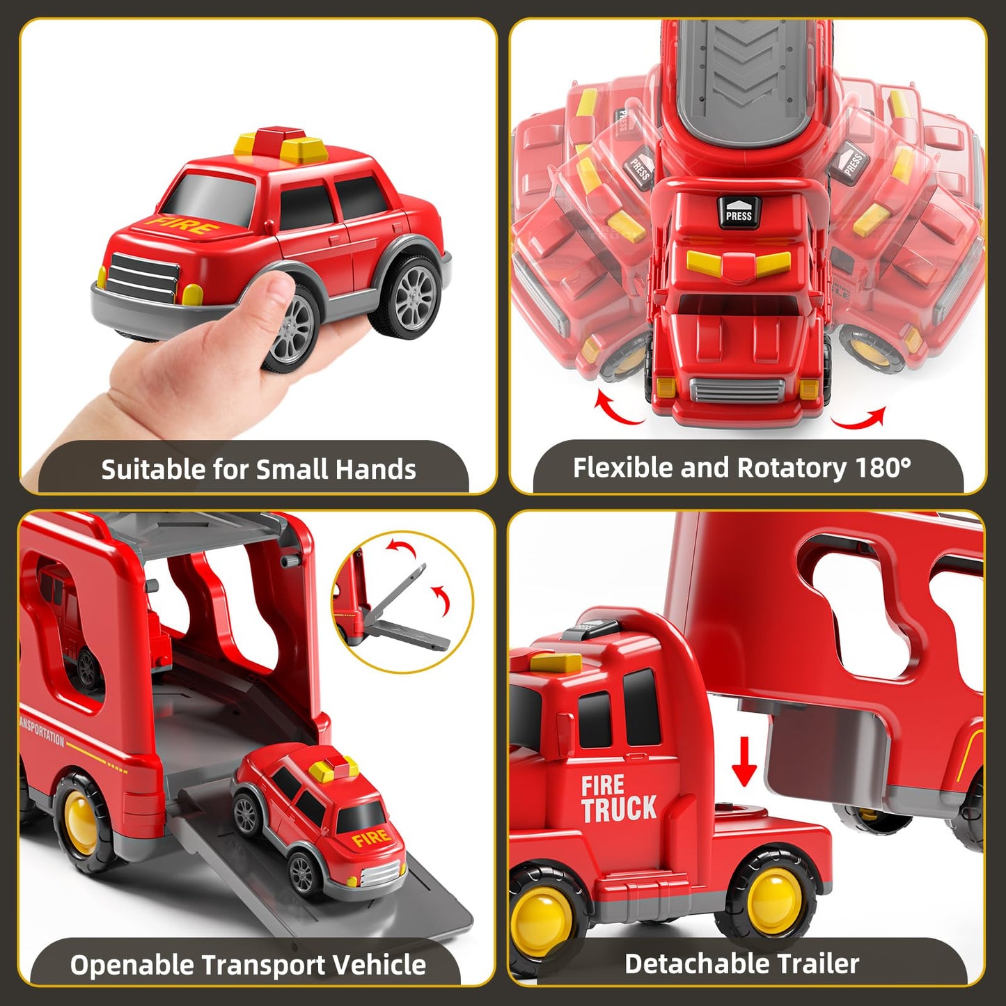JUKUDAHU 7-in-1 Fire Trucks for 3 4 5 6 Years Old Boys - Transport Car for Toddlers 4-6, Sound and Light Kids Toys for Ages 2-4, Gift for Ages 5-7, 4-8 Year Old Girl Birthday Gifts