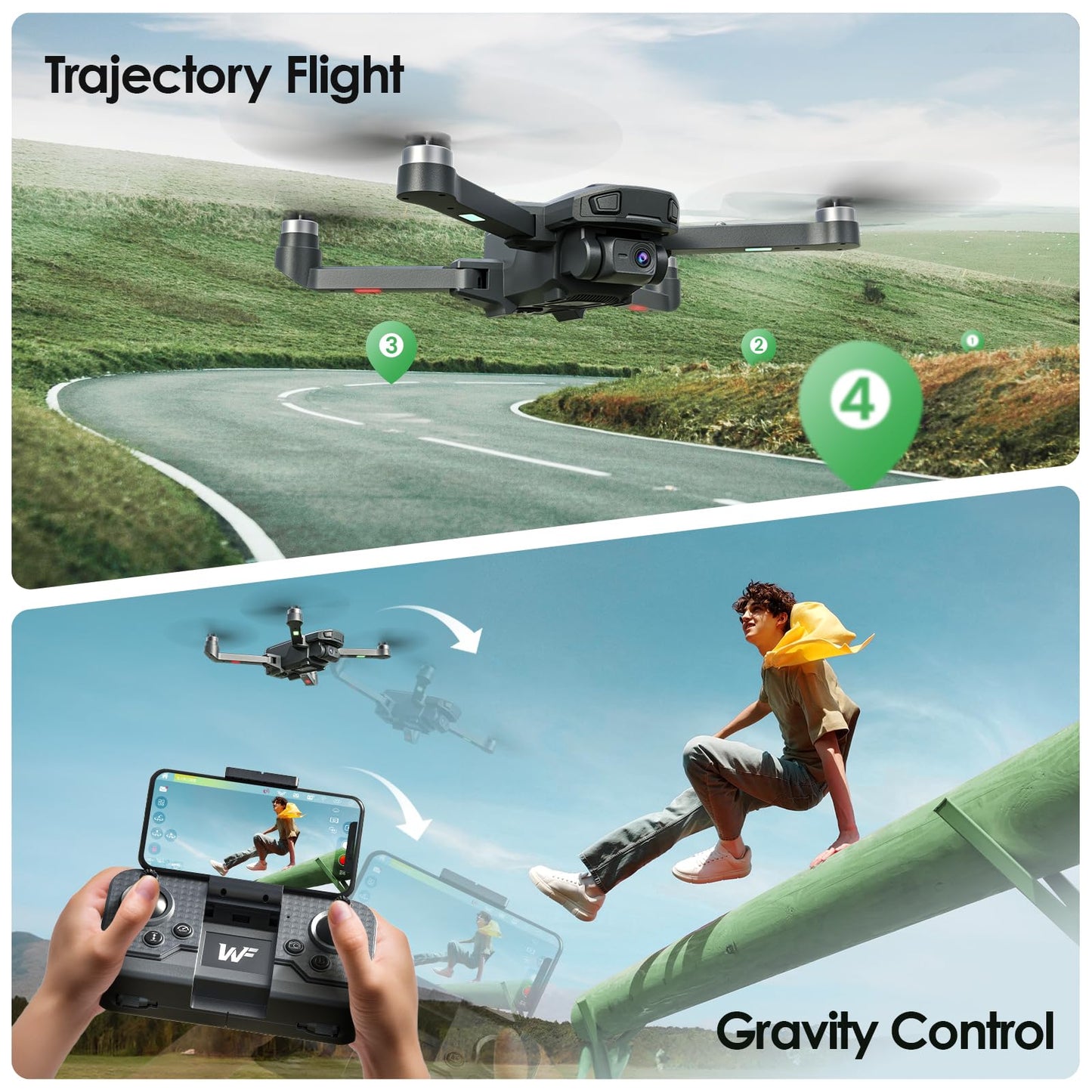 WeFone WF20 Drone with 1080P FPV Camera for Beginners, Foldable RC Quadcopter with Brushless Motor, Headless Mode, Adjustable Speed, One Key Take-off/Landing, Flight Path, 2 Batteries, Black