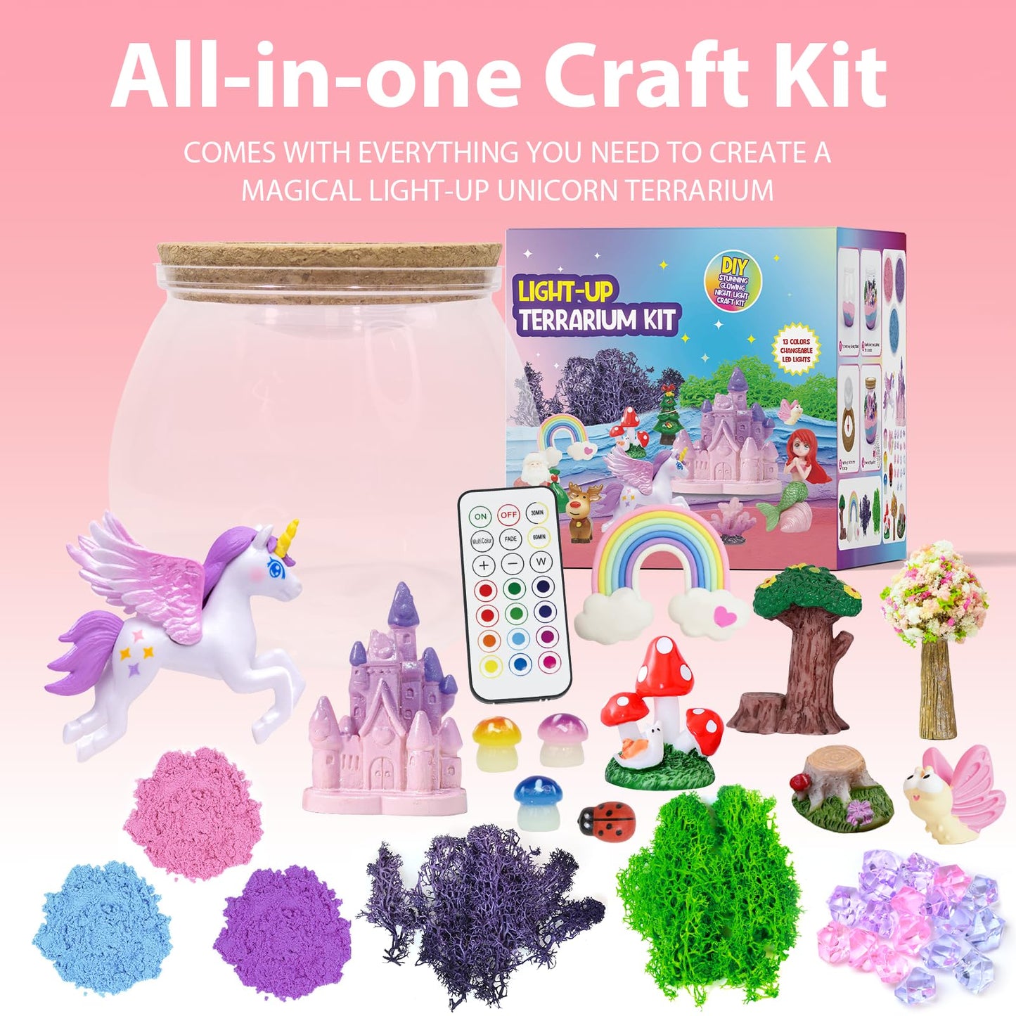 lonfypeng Unicorn Terrarium Crafts Kit for Kids-LED Night Light Up & Remote Unicorn Birthday Gifts Toys for Girls Ages5 6 7 8 9 10 Year Old-Christmas Gifts for Girls