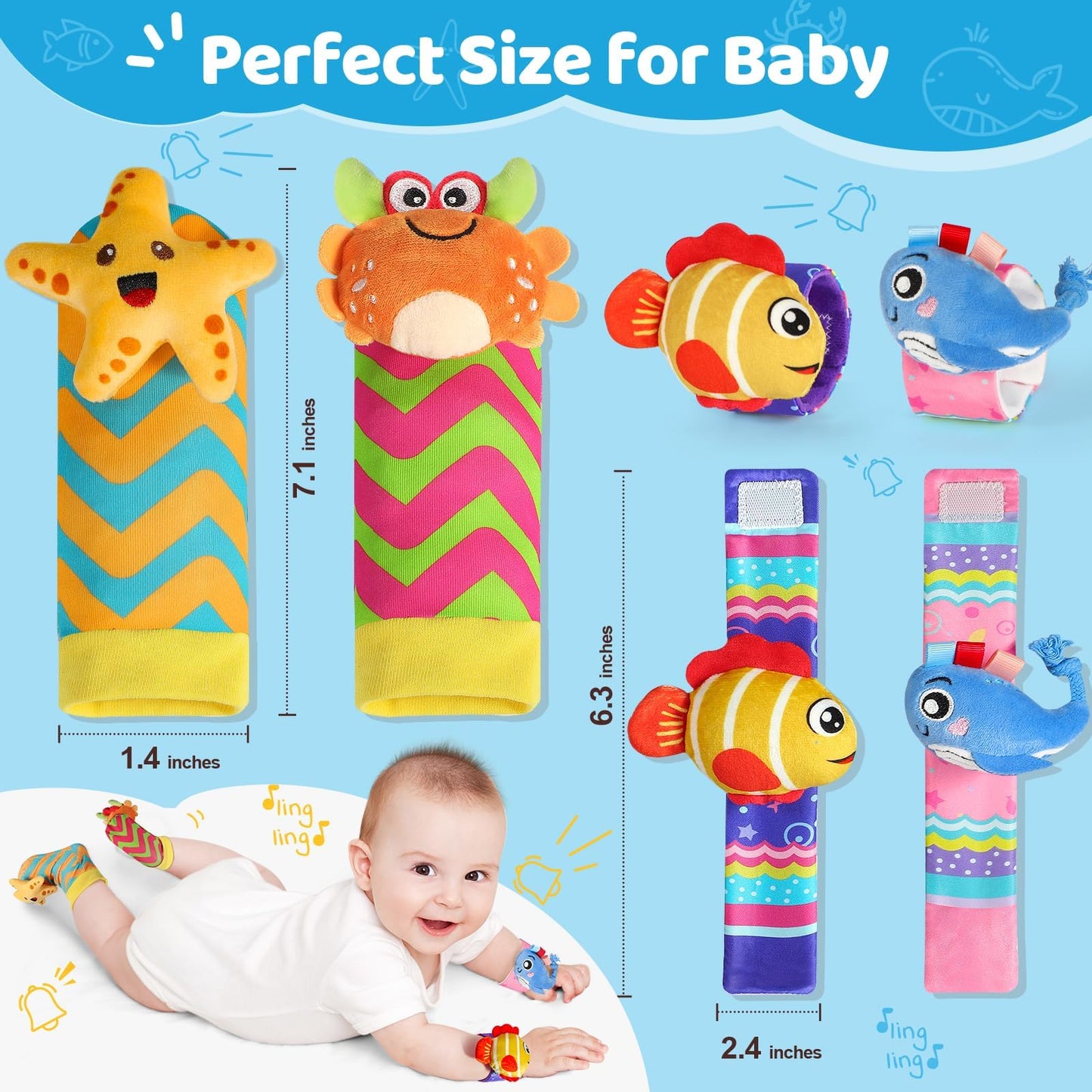 URMYWO Wrist Rattles for Baby - Rattle Socks - Foot Finder Set - Baby Toys for 0-12 Months Infant - Newborn Essentials - Early Learning Sensery Toys for Boy Girl as Shower Gifts
