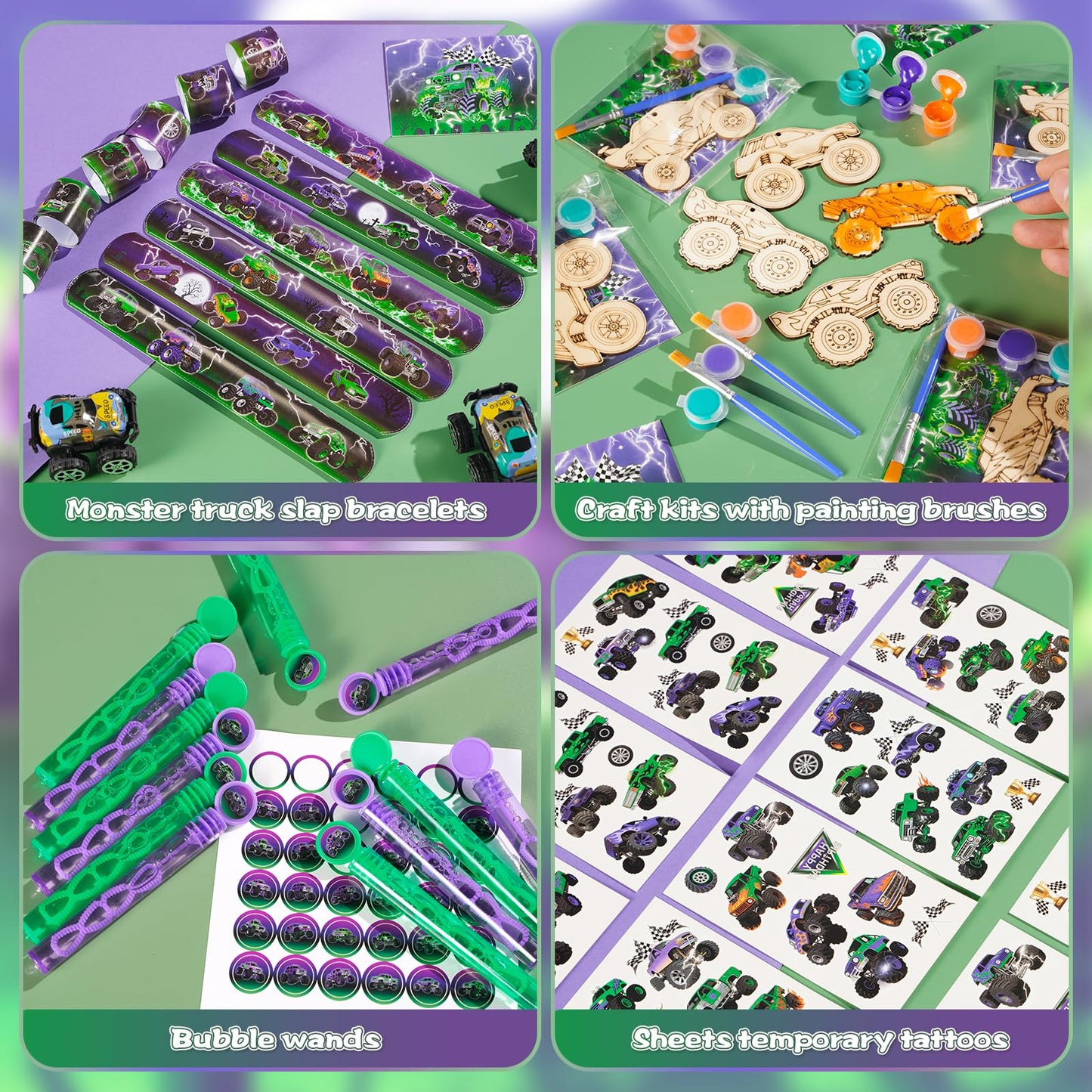 Vanblue 84 Pcs Monster Truck Party Favors Green Purple Truck Car Birthday Decorations Supplies Goodie Bag Stuffers Gift for Boy Party Pinata Filler Classroom Rewards