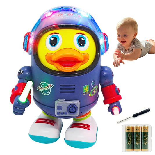 Musical Dancing Space Duck Toy, Walking Duck Robot with Lights & Sounds, Crawling Interaction & Tummy Time Toy for Babies Toddlers Birthday Gift (Blue)