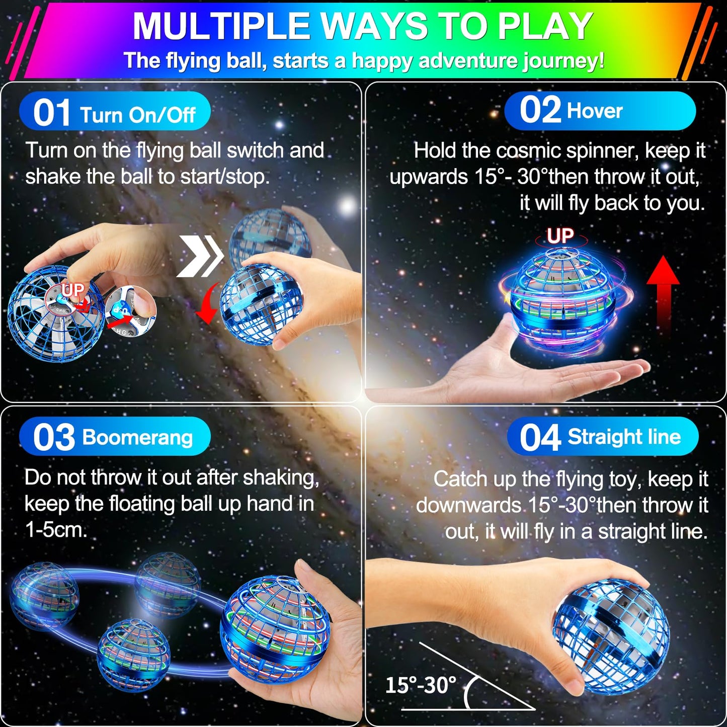 Vantexi Flying Orb Ball Toy,2026 Upgraded Parachute LED,Magic Hand Controlled Flying Gravity Ball,Cosmic Globe Boomerang,Cool Christmas Birthday Gift for 6 7 8 9 10+ Year Old Boys Girls-Blue & Red