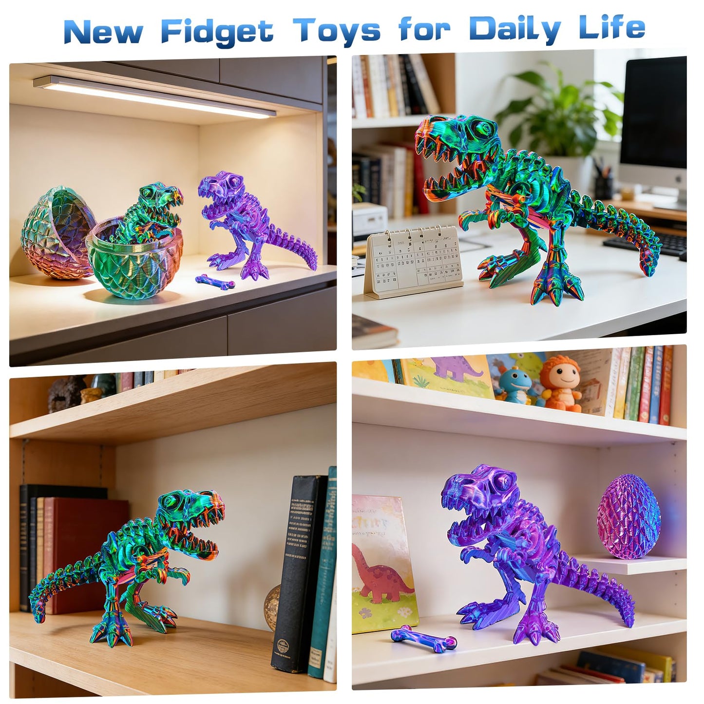 2 Packs Easter 3D Printed Dinosaur Toys for Boys 3-5 Years Skeleton T-Rex Figure with Large Storage Crystal Eggs Easter and Birthday Gifts Fidget Toys for 3 4 5 6 7 8 9 10 11 12 Years Old Boys Girls
