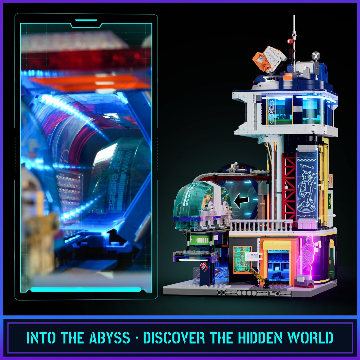 Lumibricks Cyberpunk Floating-Train-Station Lighting-Building-Bricks Set - Cyberpunk City Future Levitation Train Station Street View Collection LED Light Model 2760 Pcs for Adults and Sci-fi Lovers