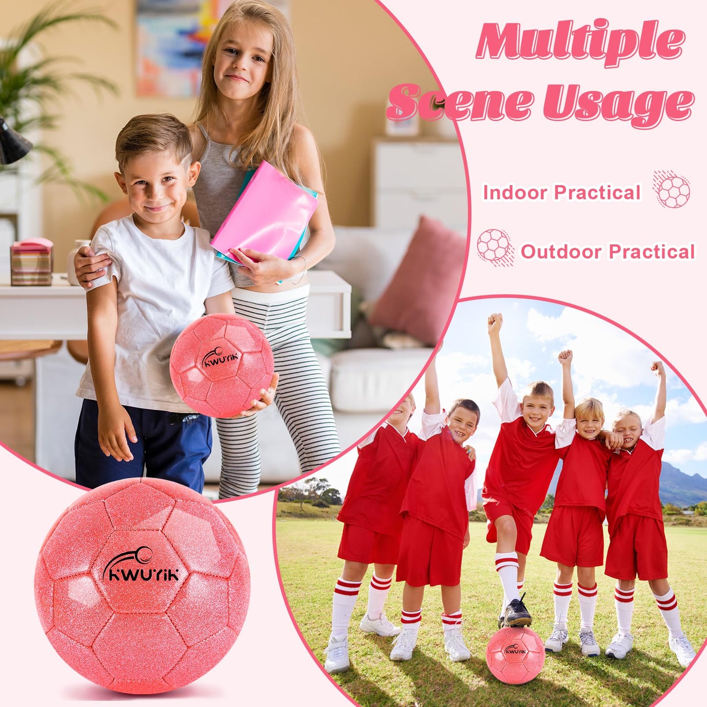 OKWUYiK Size 3 Glitter Pink Soccer Ball Set with Pump Youth Soccer Ball for Kids Aged 4-6 6-8 8-12 Toddler Soft Training Practice for Teens Children Adults Boys Girls