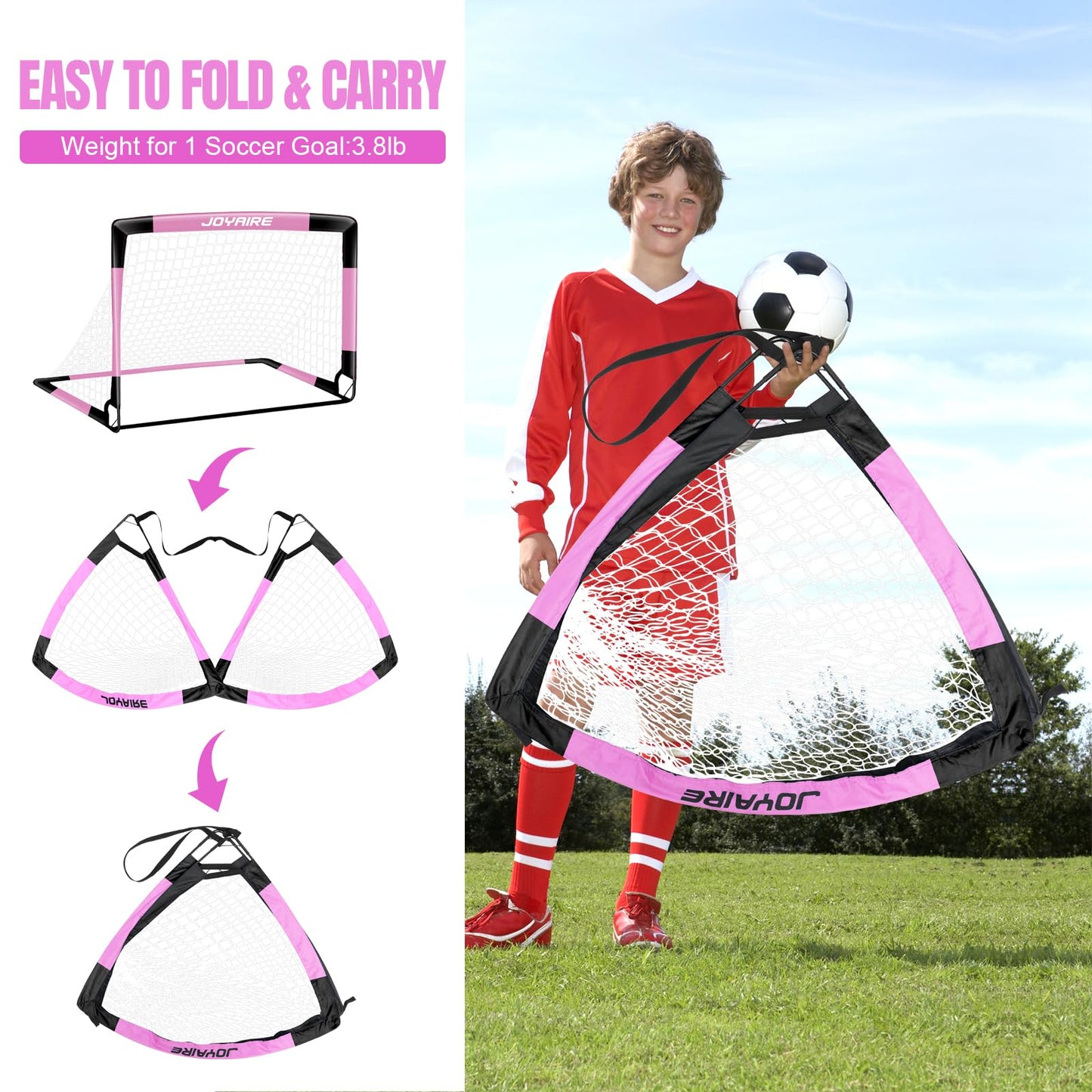 JOYAIRE Soccer Goals for Backyard Set, Portable Toddler Kids Soccer Goal 7' x 5', Pop Up Soccer Net Soccer Training Equipment with Size 4 Soccer Ball, Carry Bag, Games, Sports, Outdoor Play, Youth