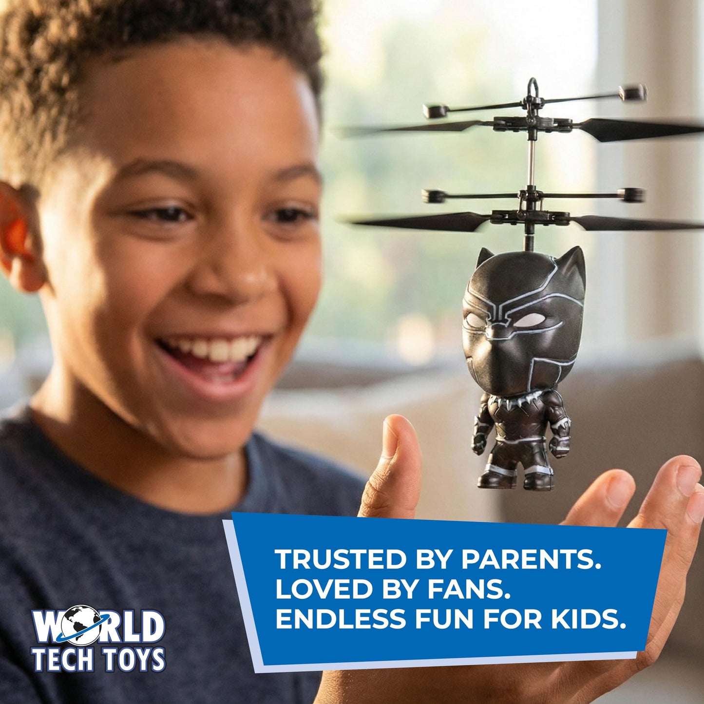 World Tech Toys Marvel Black Panther Big Head Helicopter Toy – Motion Sensored Flying Toy for Kids - Marvel Licensed - Kids 6+