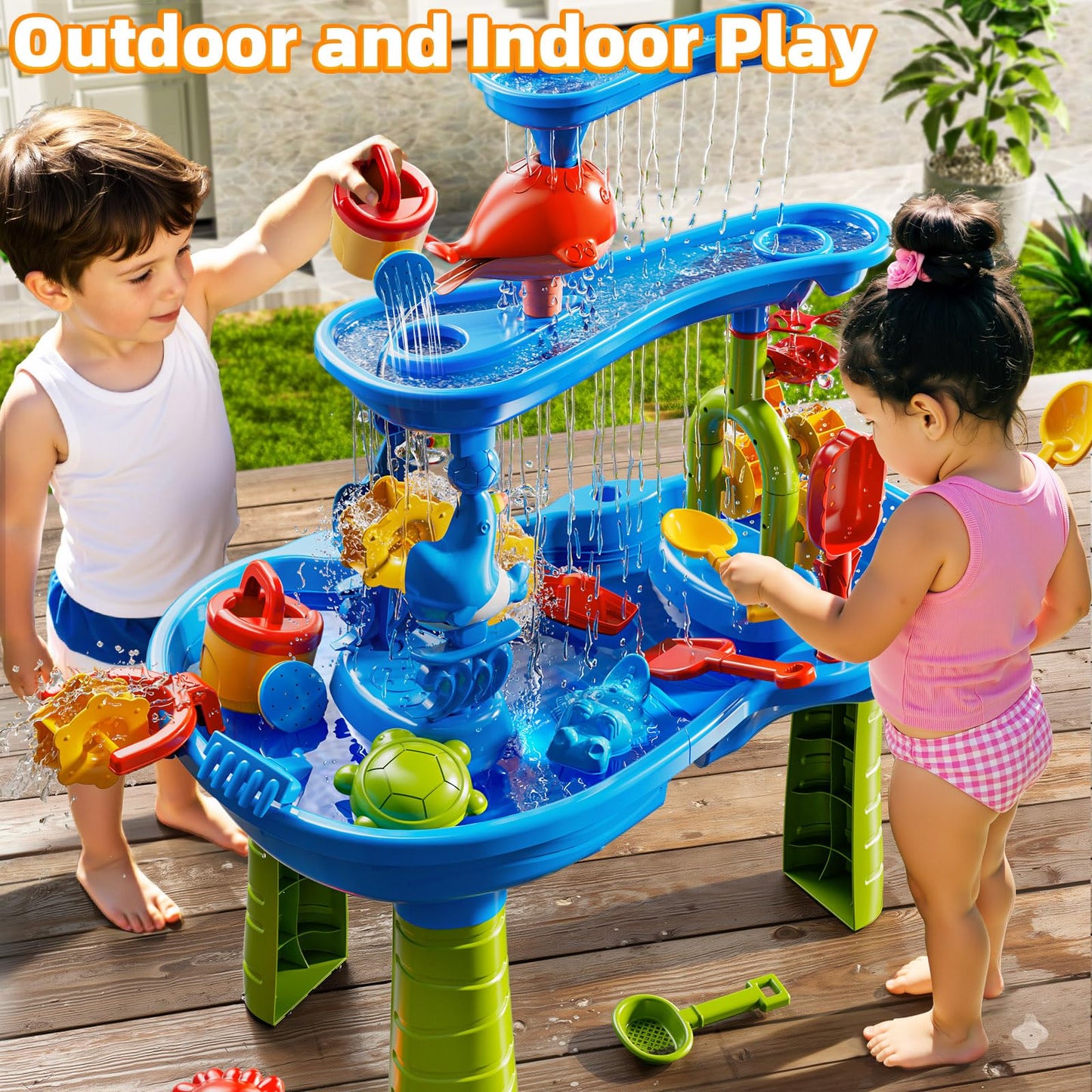 DULONIME 3-Tier Sand and Water Table Toys for Kids Aged 3 4 5 6 7 8, Water Waterfall Sensory Play Table with Beach Toys Accessories, Outdoor Activity Playset for Toddlers 2-4 3-5 4-6, Birthday Gifts