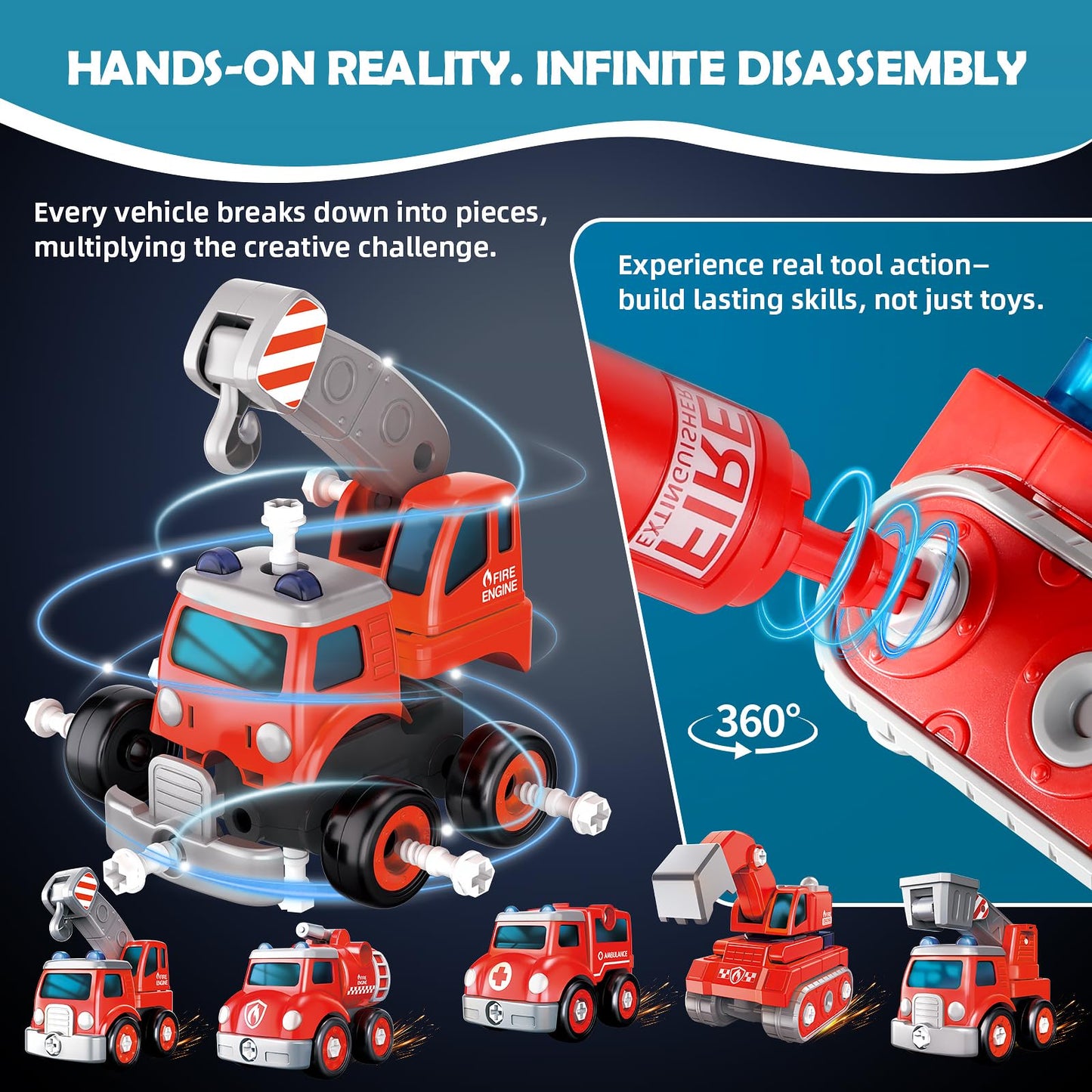 Baobrava 3 4 5 6 Year Old Boy Birthday Gift, 5-in-1 Take Apart Fire Truck Toys, Transformers Robot Toys for Boys 3-8, STEM Montessori Drill Screw Set, Creative Educational Construction Gifts