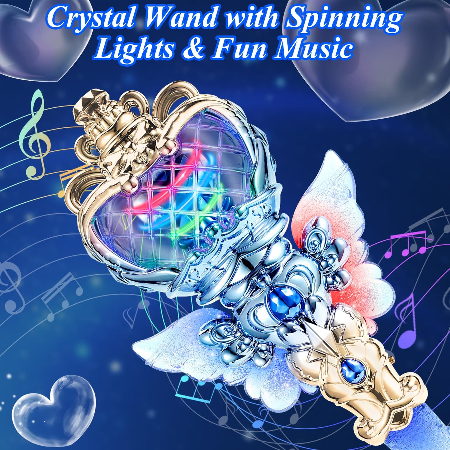EZVYAO Light Up Princess Wand with Spinning LEDs & Music - Rechargeable Magic Fairy Toys for Kids Girls - Birthday Cosplay Party Favors, Blue