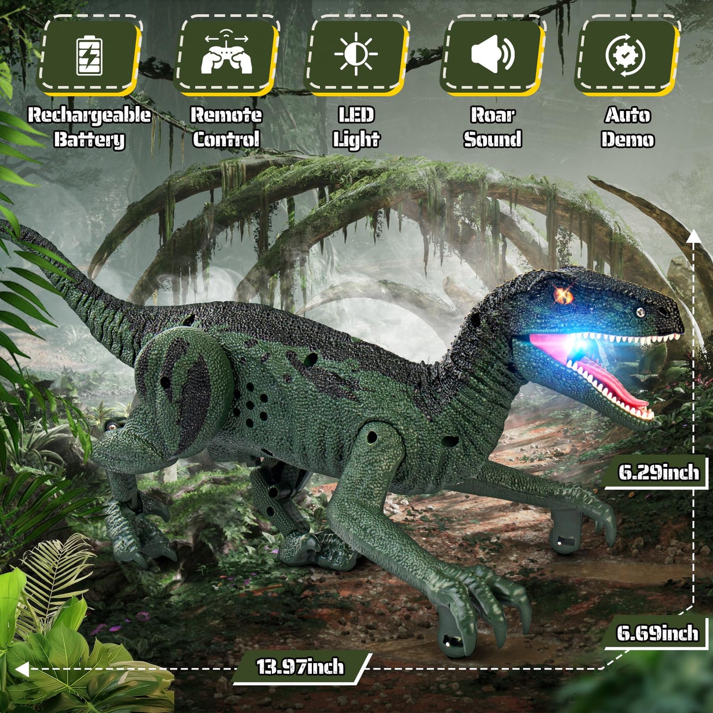 Rcfunkid Dinosaur Toys for Kids, 2.4GHz Remote Control Dinosaur with Walking, Realistic Sounds, Demo Mode, Rechargeable Jurassic Toys for 3-5, 5-7, 8-12, Birthdays, Parties, Christmas, Children’s Day