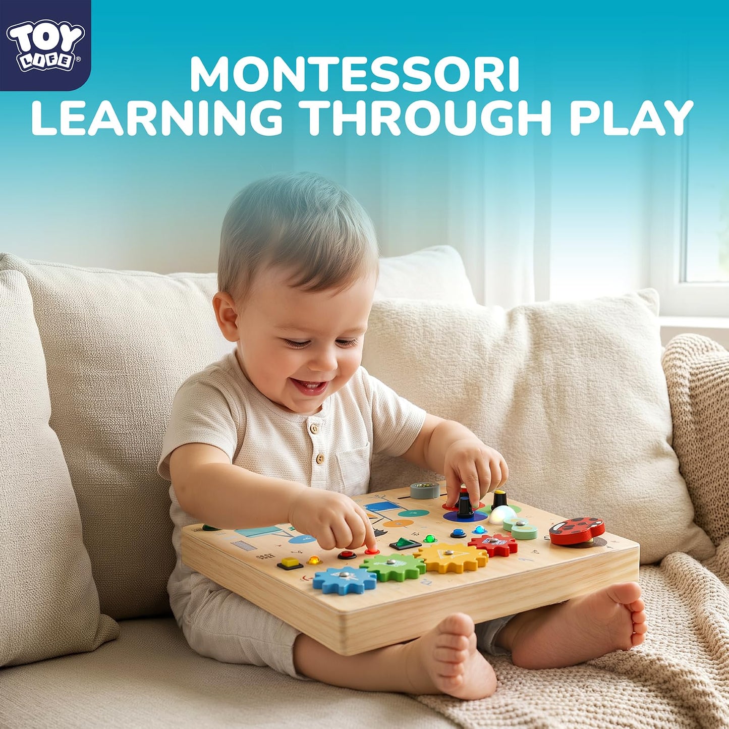 TOY Life Montessori Wooden Busy Board for Toddlers, Baby Fidget Boards with LED Light Switches, DJ Music Game, 4 Gears, Sensory Toys Light Switch Travel Toys for 1+ Year Old Baby and Toddler