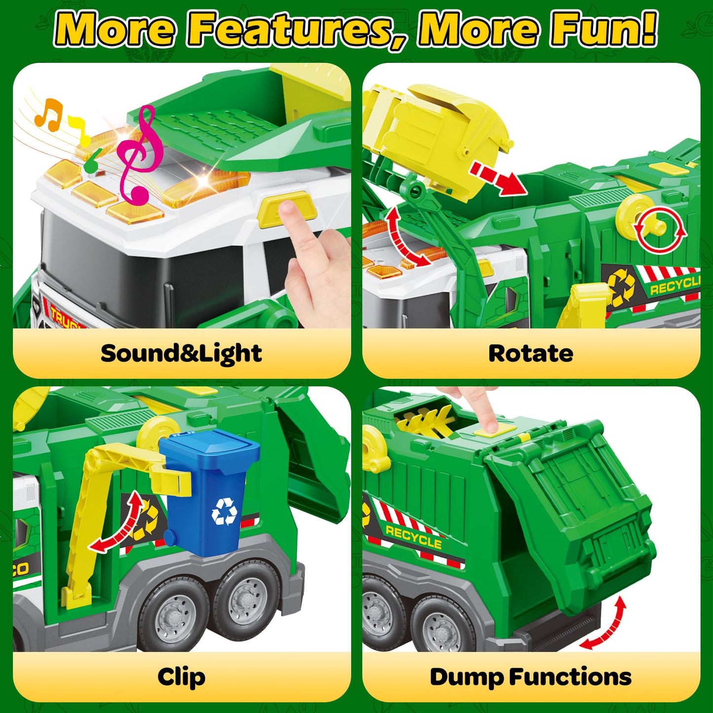 AuroTops Garbage Truck Toys for Kids 3 4 5 6 7 8 Years Old Boys Toy Trucks Set with Sound and Light,Toddlers Birthday Gifts for Boys & Girls Learning Toys,Includes 3 Trash Bins
