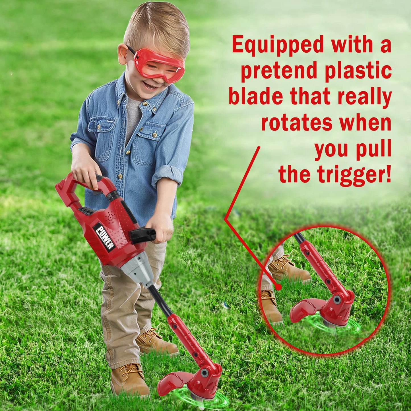 TeganPlay Kids Weed Trimmer Toy for Toddler Landscaping Gardening Tools and Equipments with Lights and Sounds Includes Mask Safety Goggles and Earmuffs