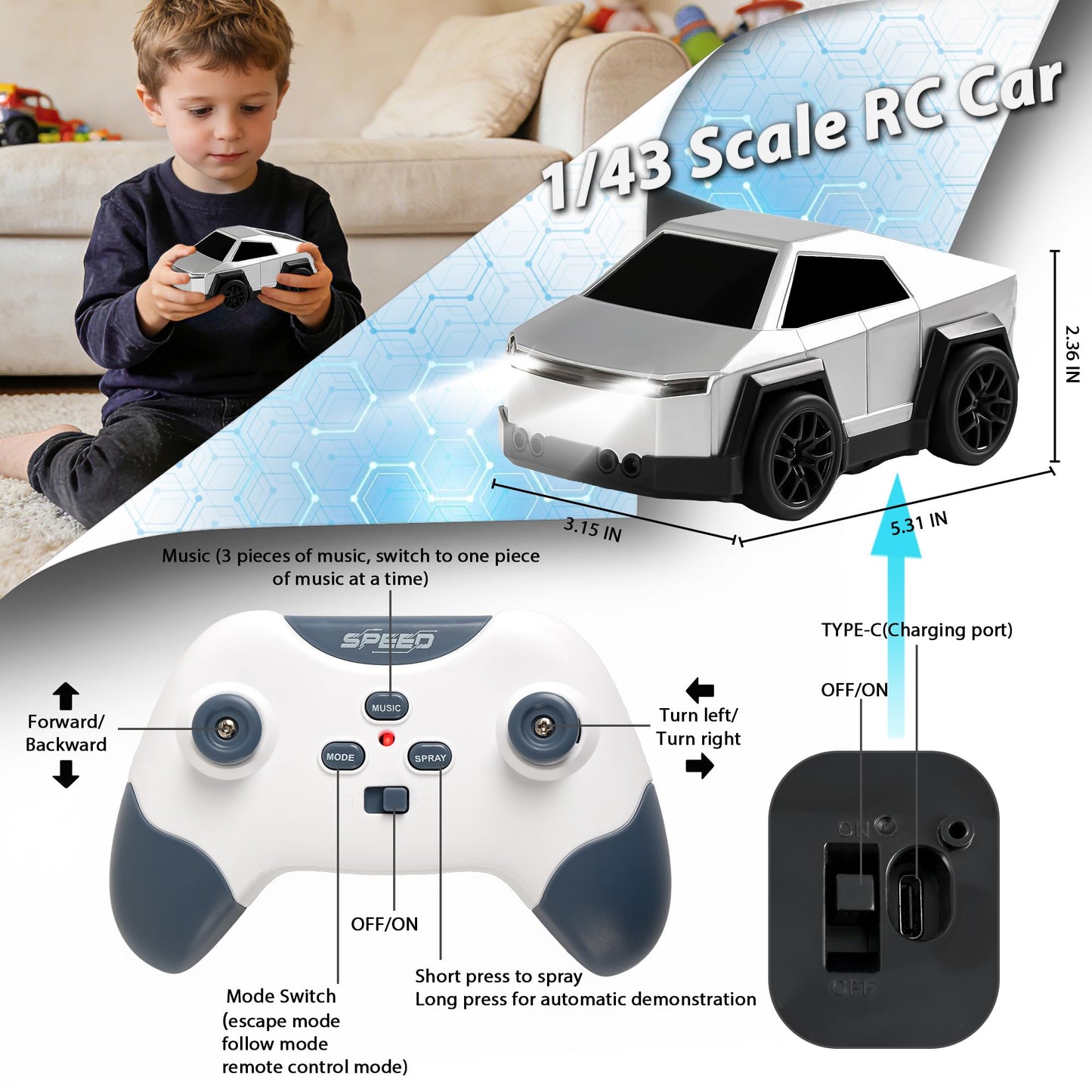 SANGQAOFU Remote Control Car Cyber-Inspired Rc Car Toys with Drift Spray & Follow and Escape Mode 2.4GHz Rc Truck Toys for Boys Cat Dog(Silver)