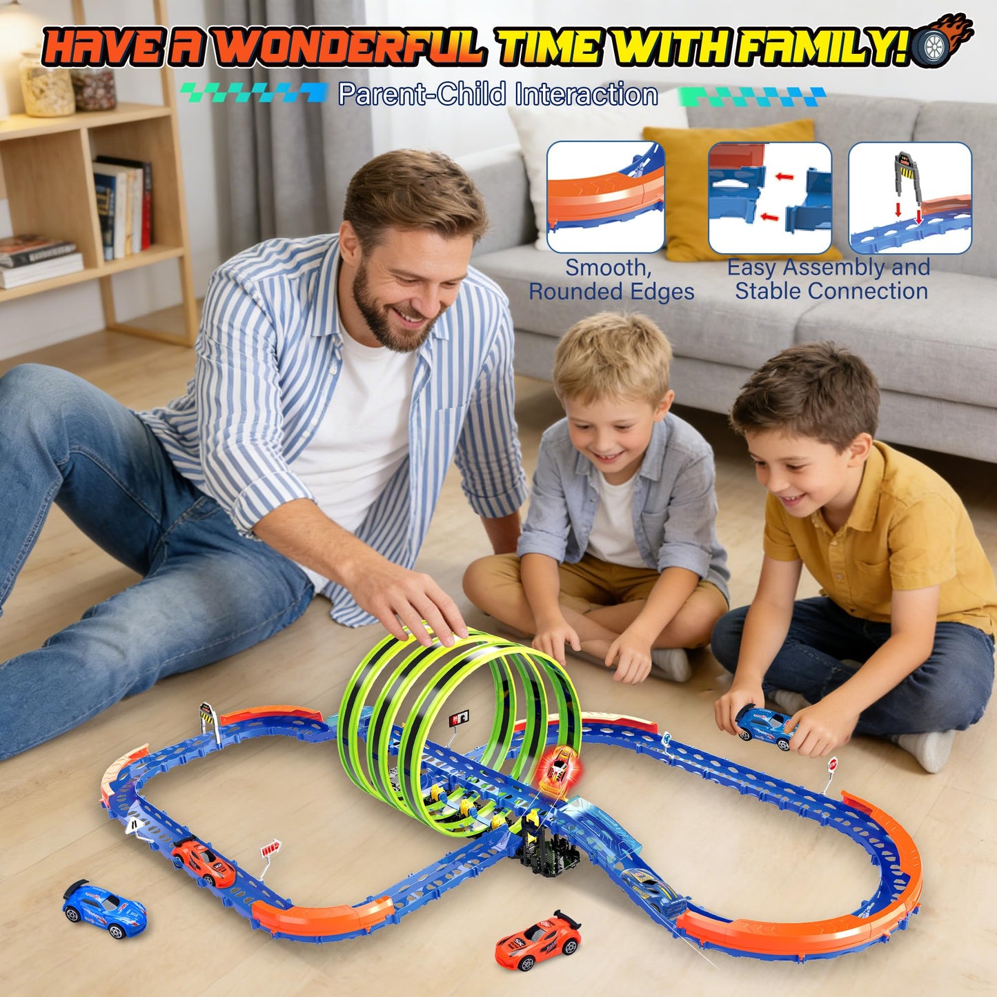 Glow Slot Car Race Track Set, 71 Pcs Glow-in-The-Dark Track Toy for Kids Ages 3-8, Electric Speed Car Light-Up Whole Tracks, 360° Magic Triple Loops, 1:64 Scale Pull-Back Cars, Toy Gift for Boys Girls