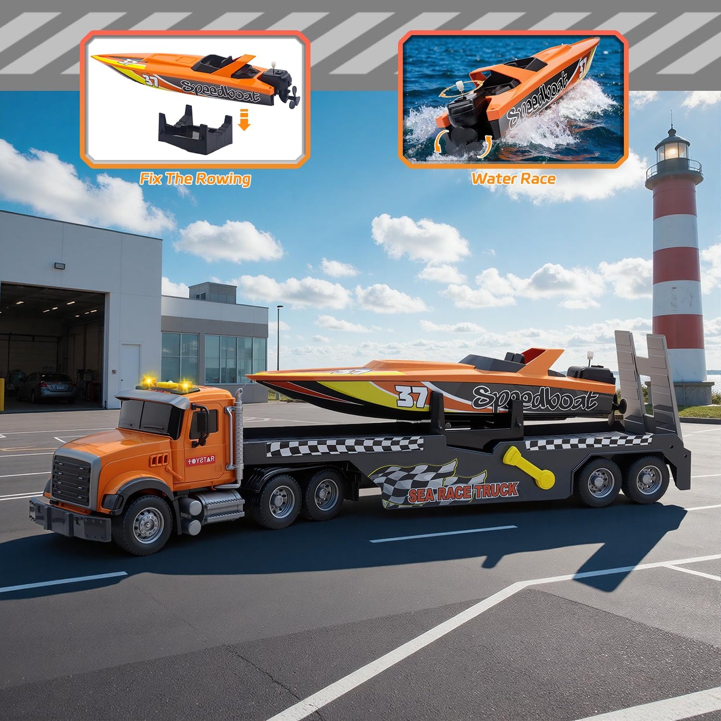 Kids Toys for 3 4 5 6 Years,21" Semi Transport Truck Toy with Speedboat Vehicle Cars, Friction Powered Extra Large Truck Vehicle with Lights & Sounds for Boys Girls Toddlers Christmas Birthday Gifts