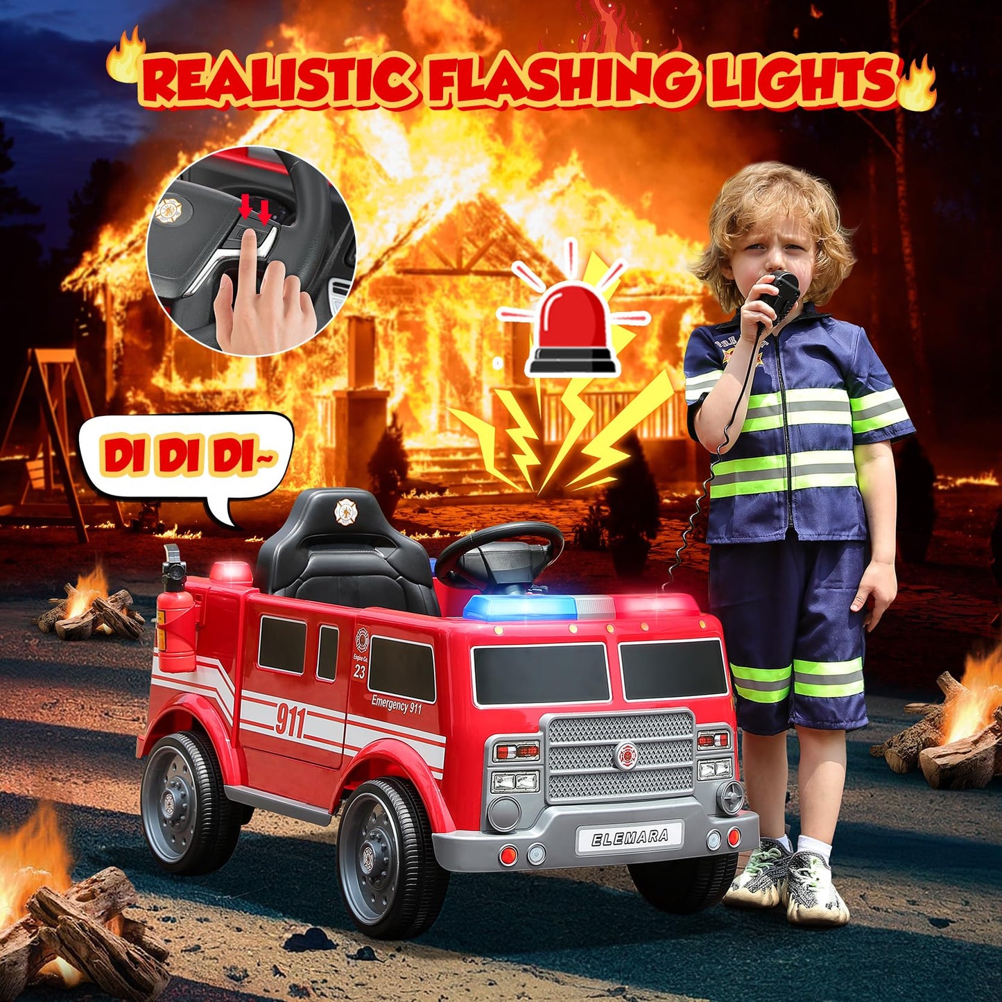 ELEMARA 12V Ride on Fire Truck, Battery Powered Toddler Electric Vehicle w/Parent Remote Control,Ride on Car for Kids,Siren-Call,walkie-talkies, Flashing Lights,Fire Extinguishers, Bluetooth,Music,UBS