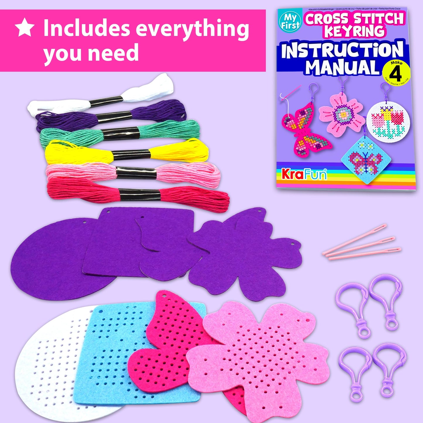 KRAFUN My First Cross Stitch Kit for Kids Age 5+, 4 Butterfly Flower Keyring Embroidery Projects, Arts & Crafts Gift for Girls, DIY Felt Backpack Charm Ornament with Butterfly Daisy Rose