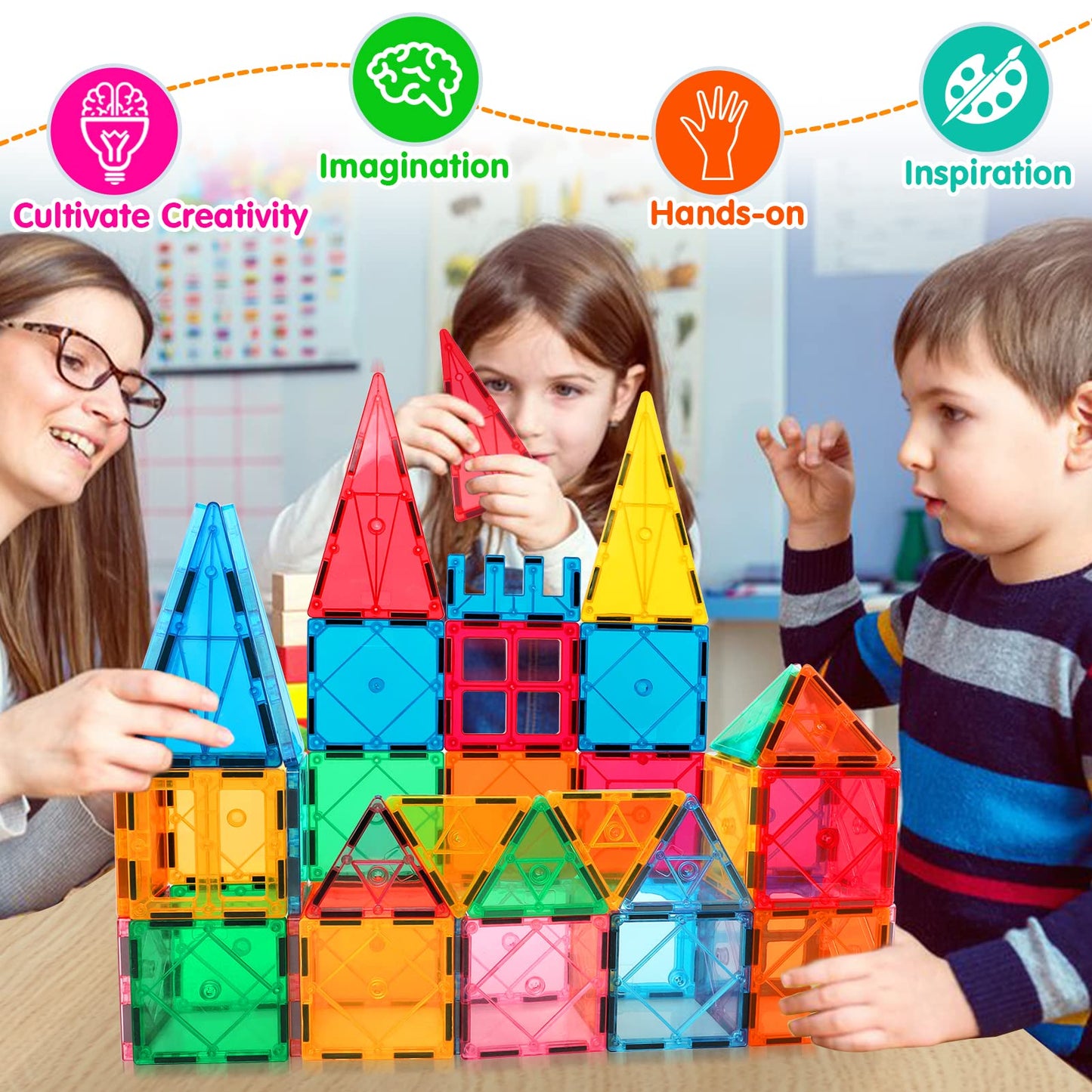 Mruikeny Magnetic Tiles Building Blocks for 3 4 5 6 7 8+ Years Old Boys Girls Colorful Magnet Stacking Toys Birthday Gift for Toddlers STEM Preschool Educational Construction Tiles Set
