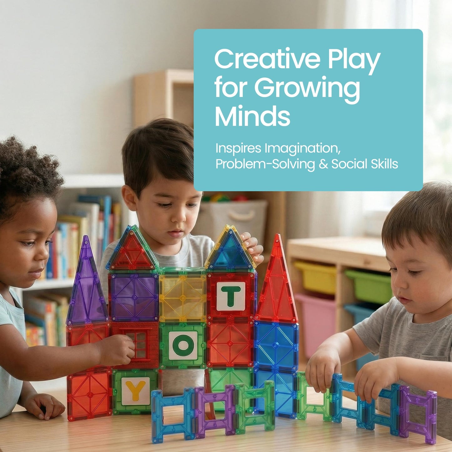 Playmags Magnetic Tiles for Kids 100-Piece Set, STEM Educational Building Blocks Toys for Kids, Includes Click-in ABC Learning Tiles, Gift for Boys & Girls, Add on Magnetic Figures, Car Set Available