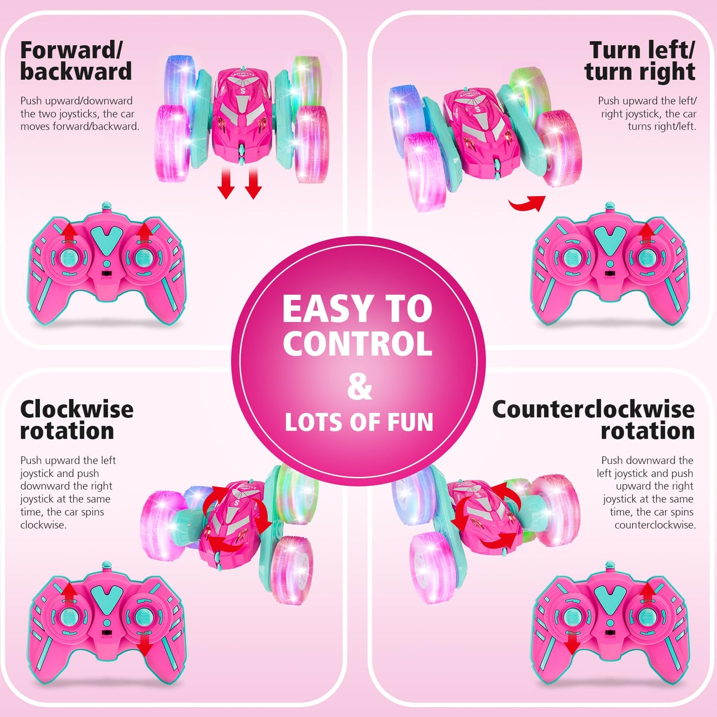 Amicool Remote Control Car for Girls 6-12 with Flashing Light, Toys 6 7 8 9 Years Old Girl Birthday Gifts Idea, RC Cars Stunt 4WD 2.4Ghz Double Sided 360° Flip, Present for Kids, Christmas, Pink