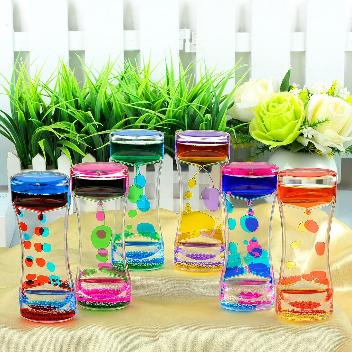 FKYTION Liquid Motion Bubbler Timer Pack of 6 Great Colorful Hourglass Sensory Anxiety Toys for Autism, Calm Relaxing Desktop Toys
