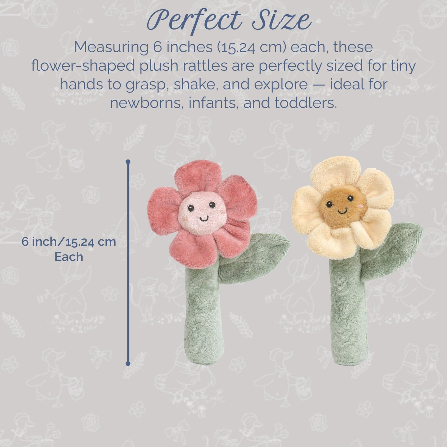 MON AMI Soft Baby Rattle Toy Set of 2 Pcs | 6-Inch Flower Shaped Plush Stuffed Rattle for Newborns | Sensory Development Toy for Infants & Toddlers | Ideal Gift for Baby Showers & Birthdays