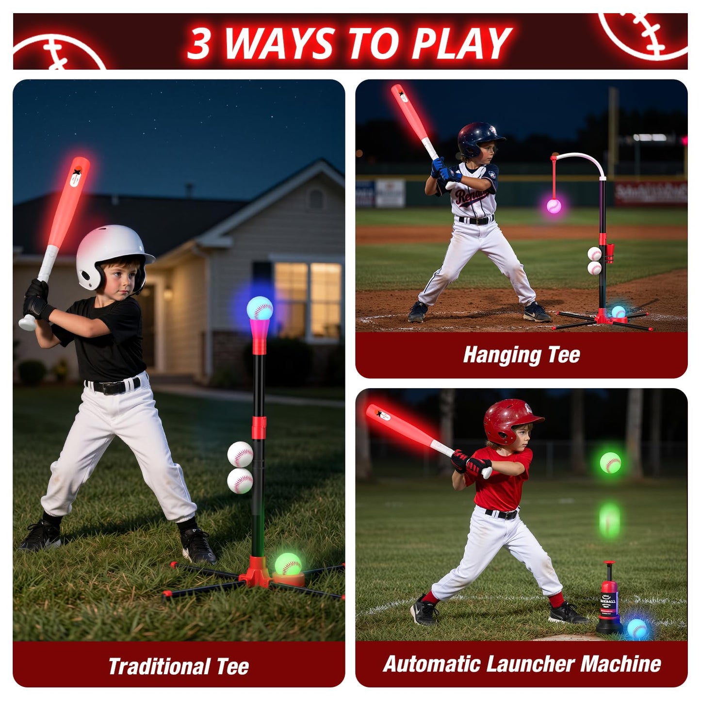 Wee Wonders 3-in-1 LED T Ball Set for Kids, Adjustable Height, Hanging Tee Ball Set with Baseball Launcher/4 Softballs/Light Up Bat, TBall Stand Sport Toys, Baseball Gifts for Boys Girls Age 3-5