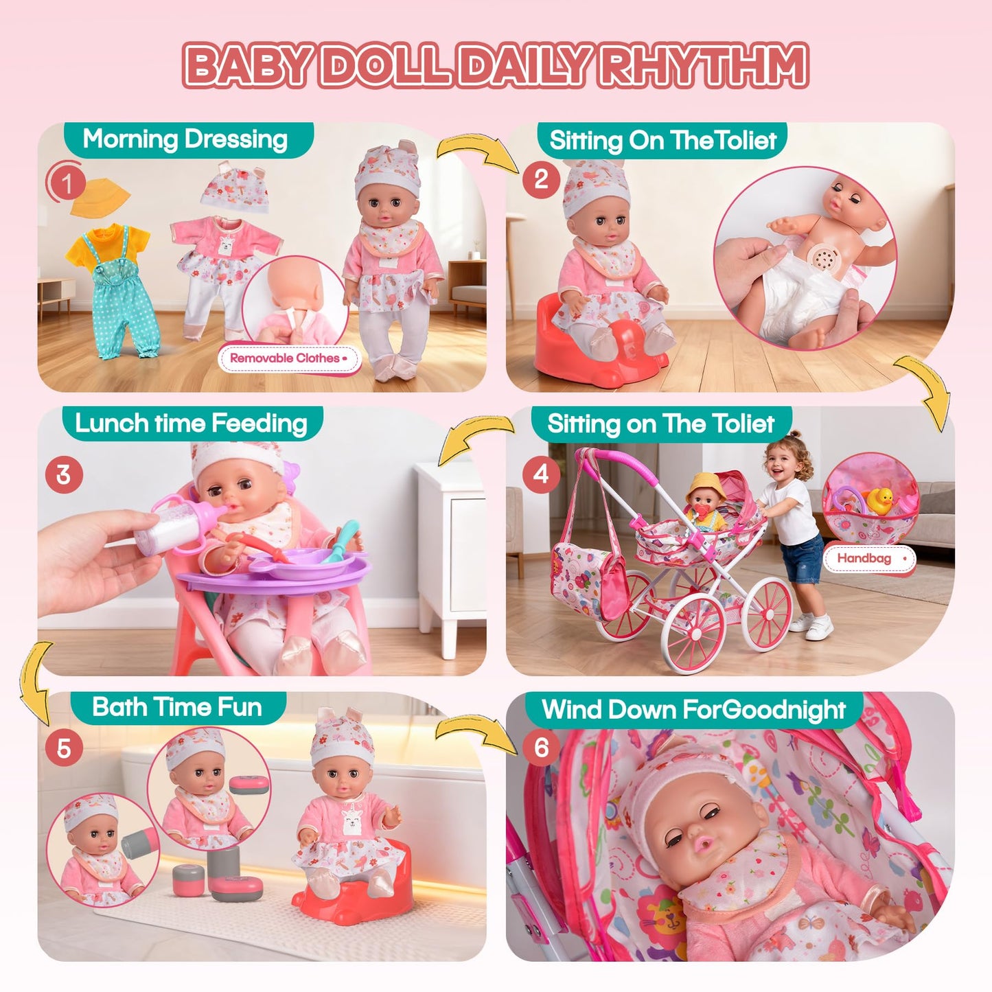Baby Doll Stroller Set Toys with 12.5'' Baby Dolly, Baby Doll Accessories with Dining Chair&2 Set Clothes&Diaper Changing, Doll Playset for Kids, Pretend Play Girls Toys Gifts for Girls 3 4 5 Year Old