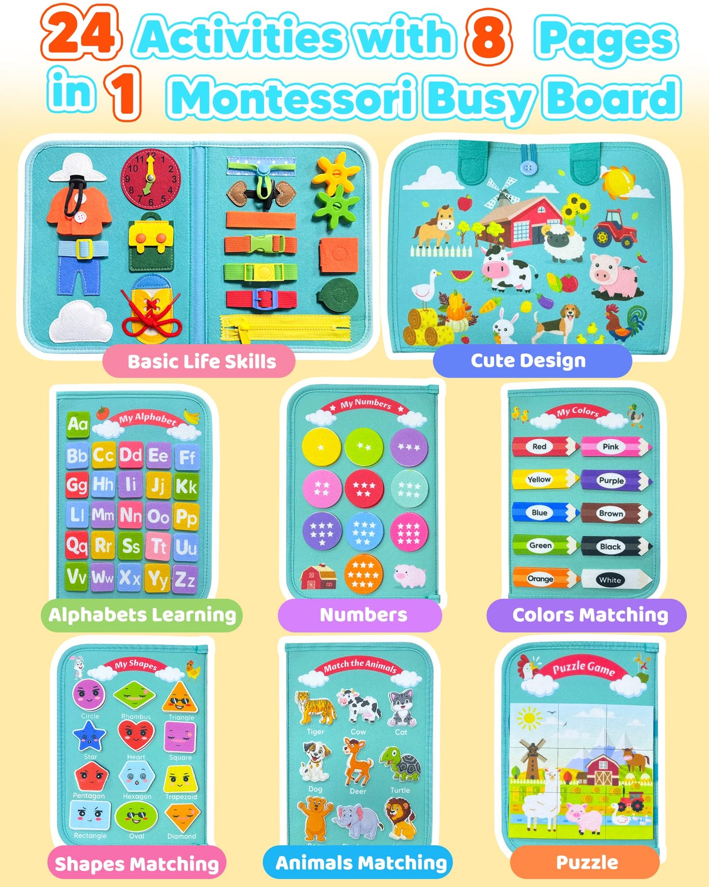 Walenty Busy Board Montessori Toys for Toddler Boy Girl Birthday Gifts, Busy Book Sensory Learning Toys for Toddlers, Educational Activities Airplane Car Travel Toy for Toddlers