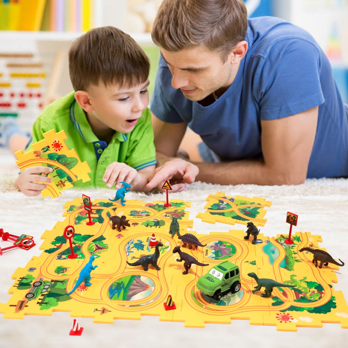 XAZASTOV Puzzle Track Car Play Set with 12 Dinosaur Figures, Plastic Railcar Floor Puzzles for Kids Ages 3-5 with Vehicles, Toys Gifts for 3 4 5 6 Year Old Boys