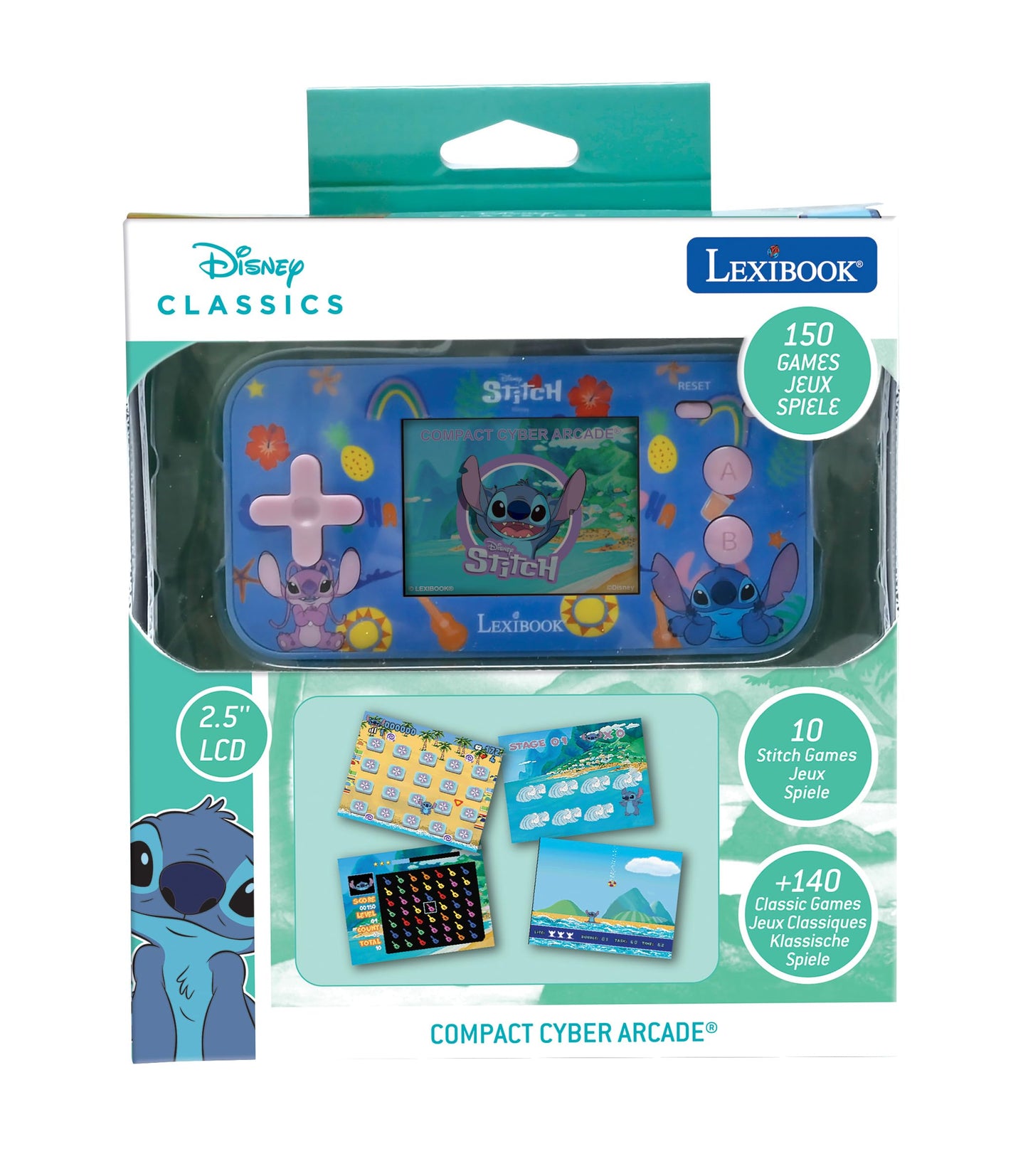 Lexibook - Disney Stitch - Compact Portable Cyber Arcade Console, 150 Games, LCD Colour Screen, Battery-Powered, JL2367D