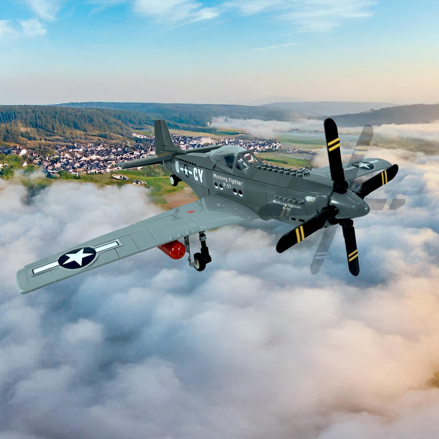 General Jim's WWII US P-51 Mustang Historical Fighter Plane Brick Building Blocks Set, 258 Pieces, 1:25 Scale, Spinning Propeller, Adjustable Flaps, Compatible with Major Brick Brands, GJ-P51