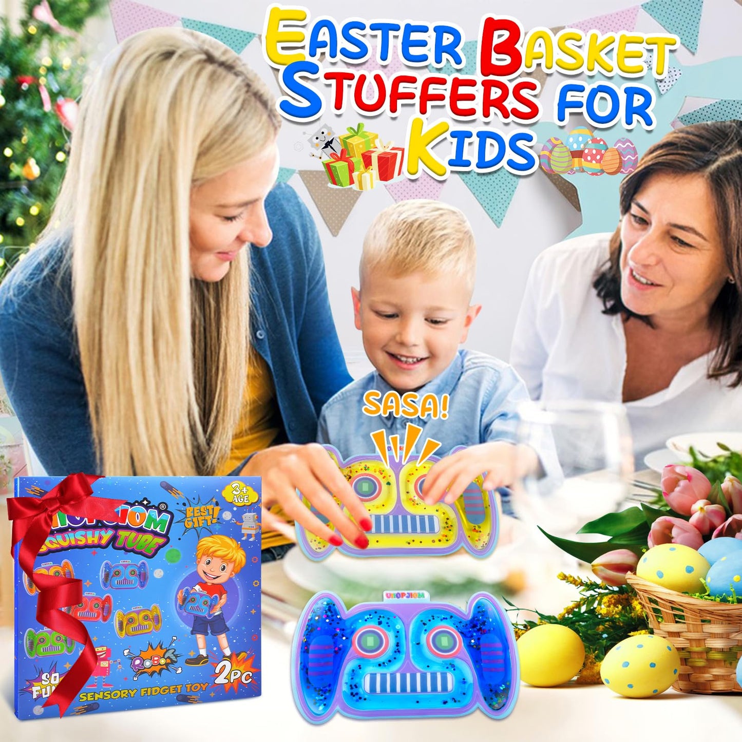 UIIOPJIOM 2PC Autism Sensory Toys Easter Basket Stuffers for Boys, ADHD Autistic Airplane Travel Toys, Cool Squishy Robot Fidget Tube Stress Relief Toy for Classroom (Blue&Yellow)
