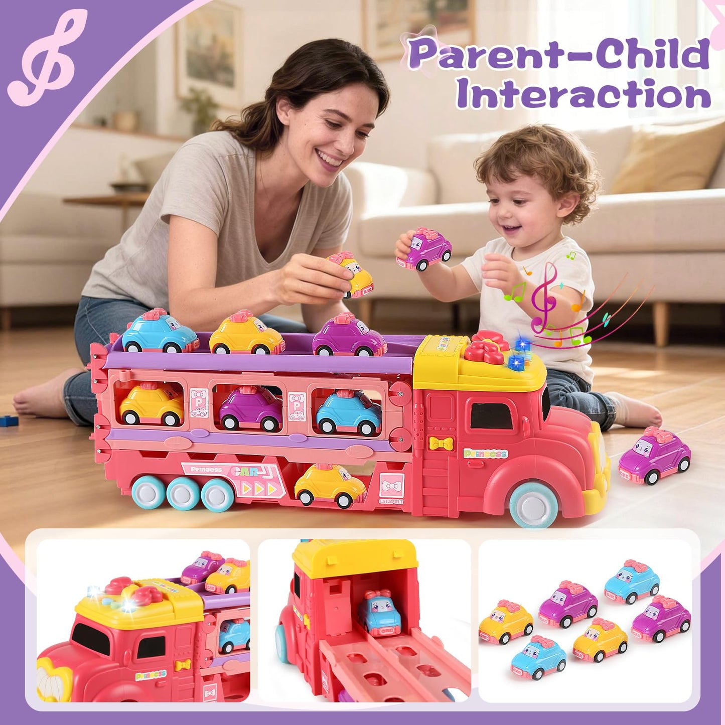 aruemp 12 in 1 Princess Carrier Truck with Girls Car Toys, 2-Player Race Mode Friction Power Toy Cars with Light & Music for 3 Year Old Girls Birthday Gifts