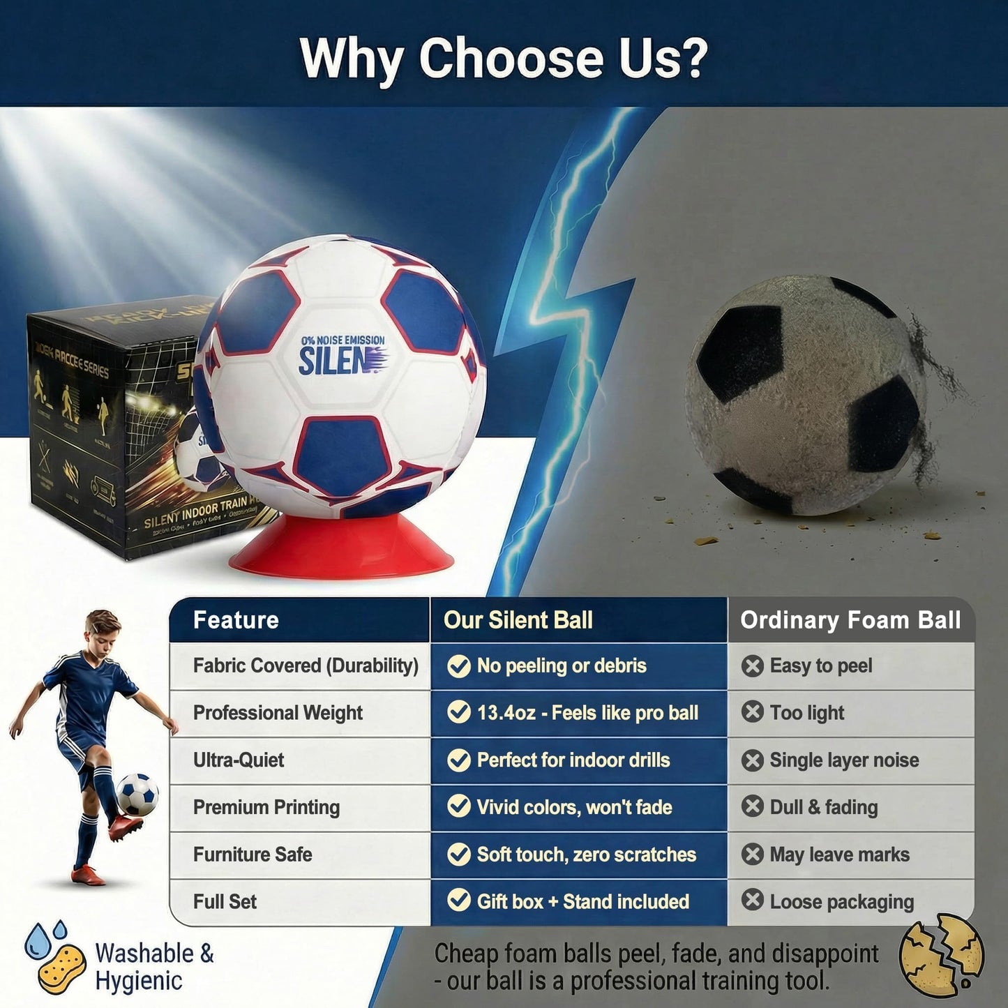 HASTRIDE Silent Soccer Ball Size 5 - Soft Foam Soccer Ball for Indoor Training, Airless Indoor House Ball for Kids and Adults, Soft Durable Foam Design, Gift for Soccer Fans Boys 8-12 Girls