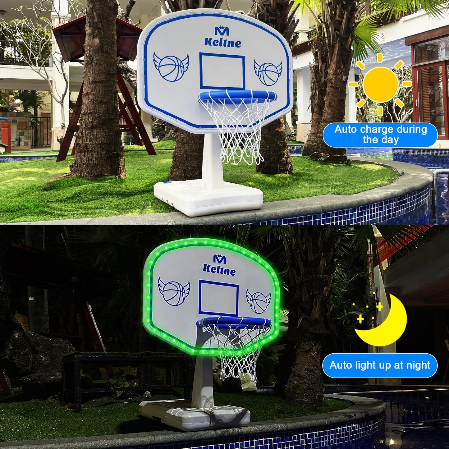 Solar Pool Basketball Hoop with Lights, 34"x34"x42.2" Oversized Swimming Pool Toys with 2 Balls/Pump for Poolside Water Basketball Game, High Brightness LED Poolside Basketball Hoop for Kids & Adults