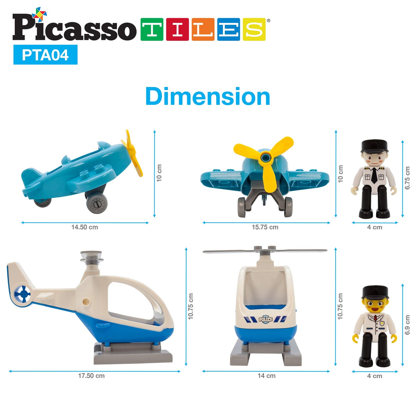 PicassoTiles Magnetic Figures 4 Piece Aircraft and Action Figure Magnet Airplane and Helicopter Expansion Pack Toddler Toy Set Educational Learning Kit Pretend Playset for Construction Building Block