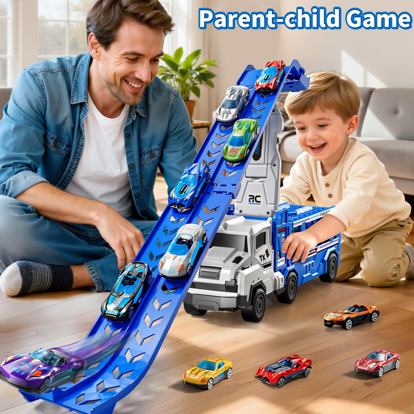 GOGIHCCH 3-in-1 Kids Carrier Truck Toy Car Tracks for Toddlers 2-4 Years Old with 12 Racing Cars Toys, Foldable Chasing Race Track and Car Garage, Car Ramps Birthday Gift for Boys Girls 3-5 4-8(Blue)