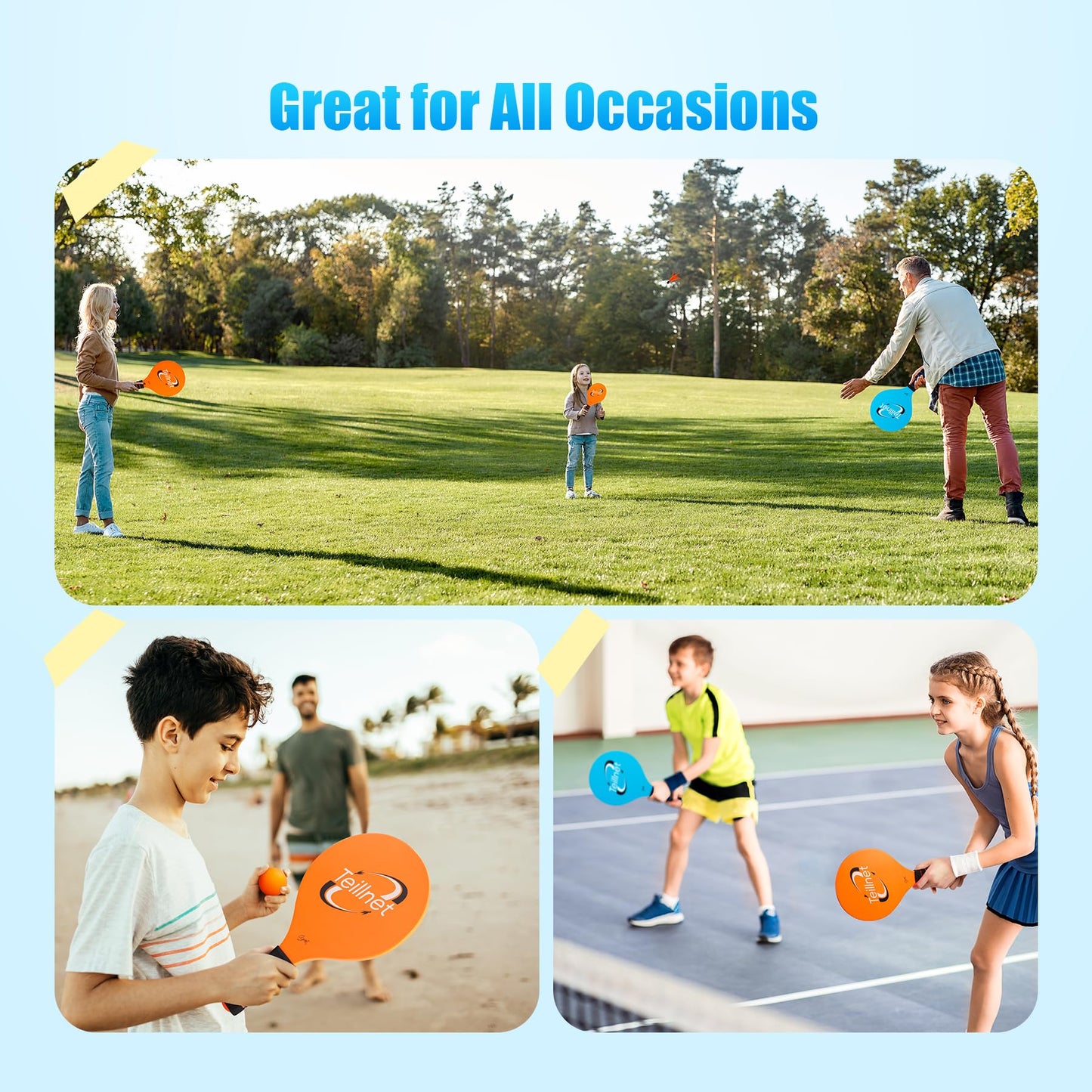 TEILLNET Beach Paddle Ball Set, Family Games for Kids and Adults, Badminton Set with 4 Rackets, Indoor Outdoor Sports Toys Lawn Camping Backyards Yard Games Easter Basket Stuffers Gifts for Boys Girls