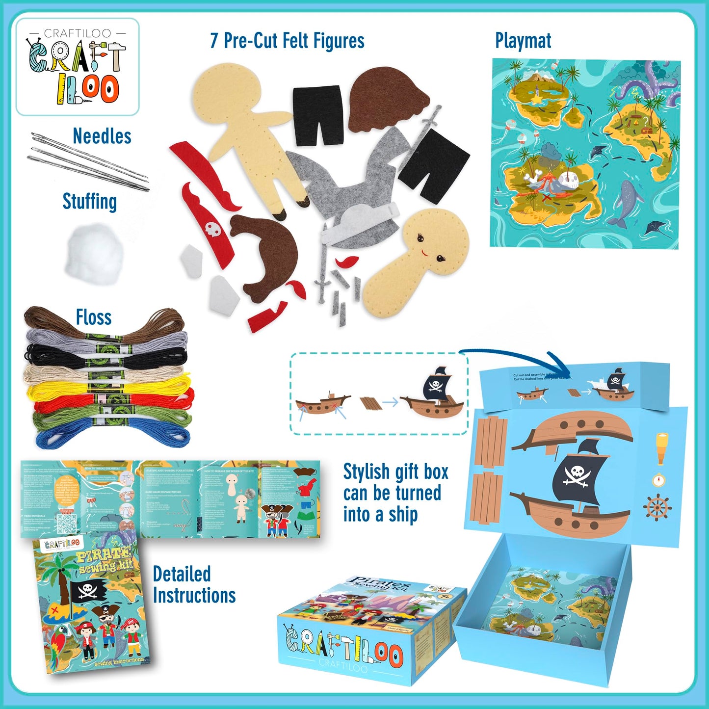 Pirates Pre-Cut Fun Kids Sewing Kit for Kids Ages 8-12 Children Beginners Sewing kit Kid Crafts Make Your Own Felt Pillow Plush Craft Kit Girls and Boys Art Craft Kits Learn to Sew Kit
