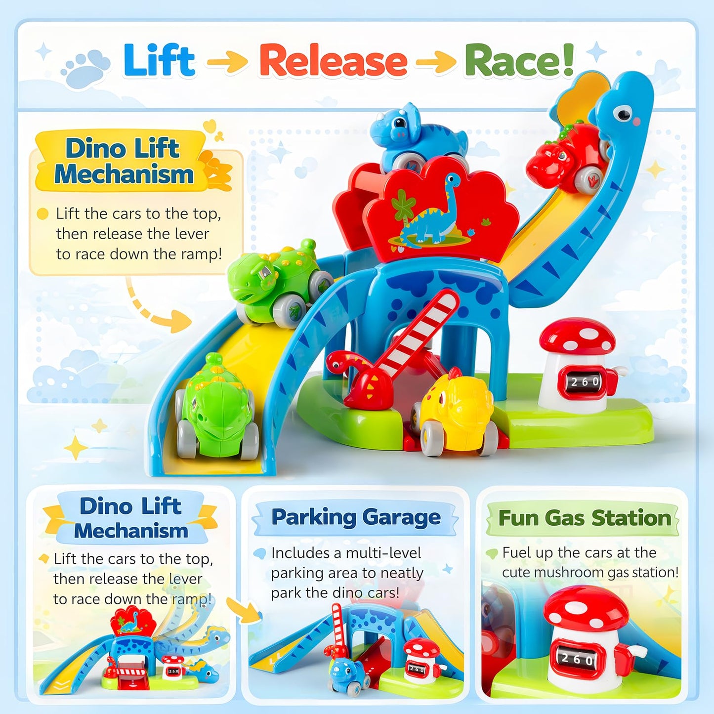 Dinosaur Car Ramp Toy for Toddlers 1-3, Drop & Go Ramp Racer with 4 Mini Cars, Educational Toy for 1 2 Year Old Boys Girls, First Birthday Gift